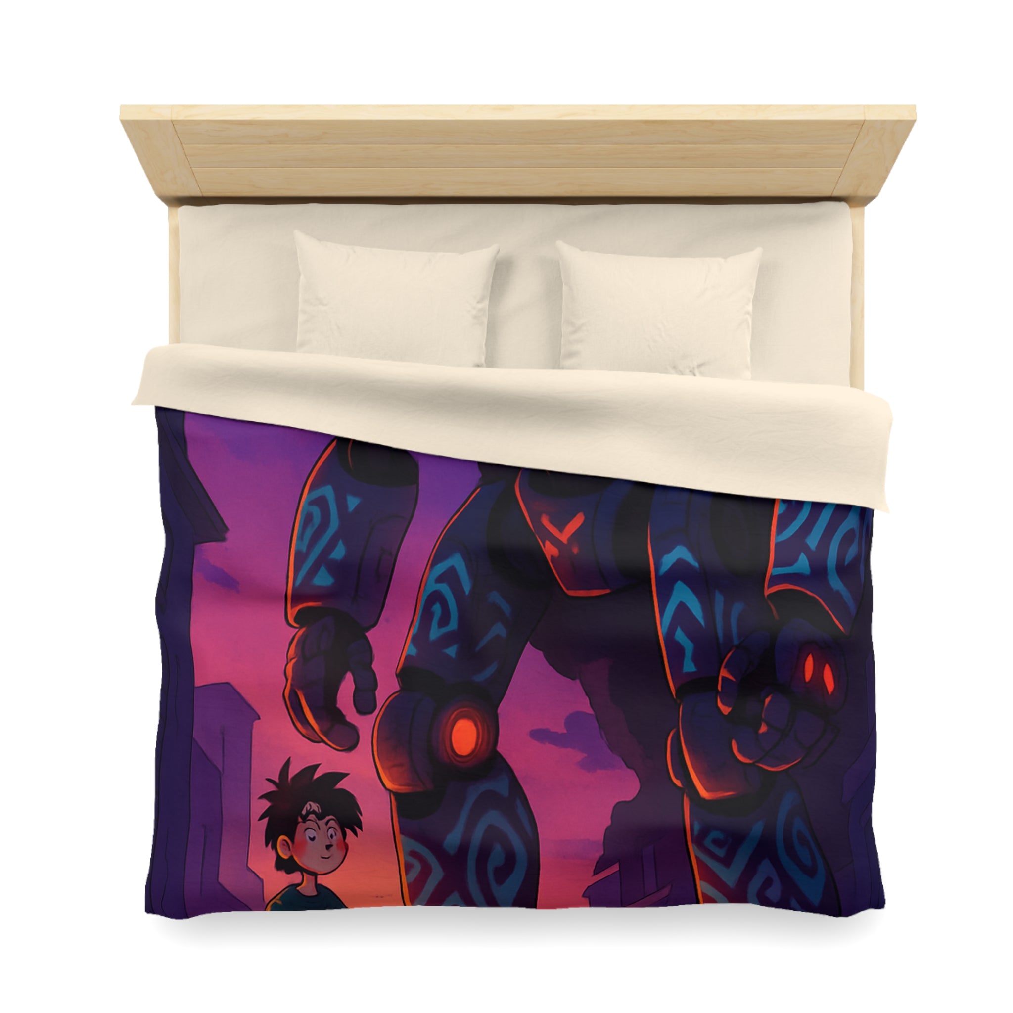 Housse de couette robot géant bleu lumineux, décor urbain vibrant et enfant émerveillé