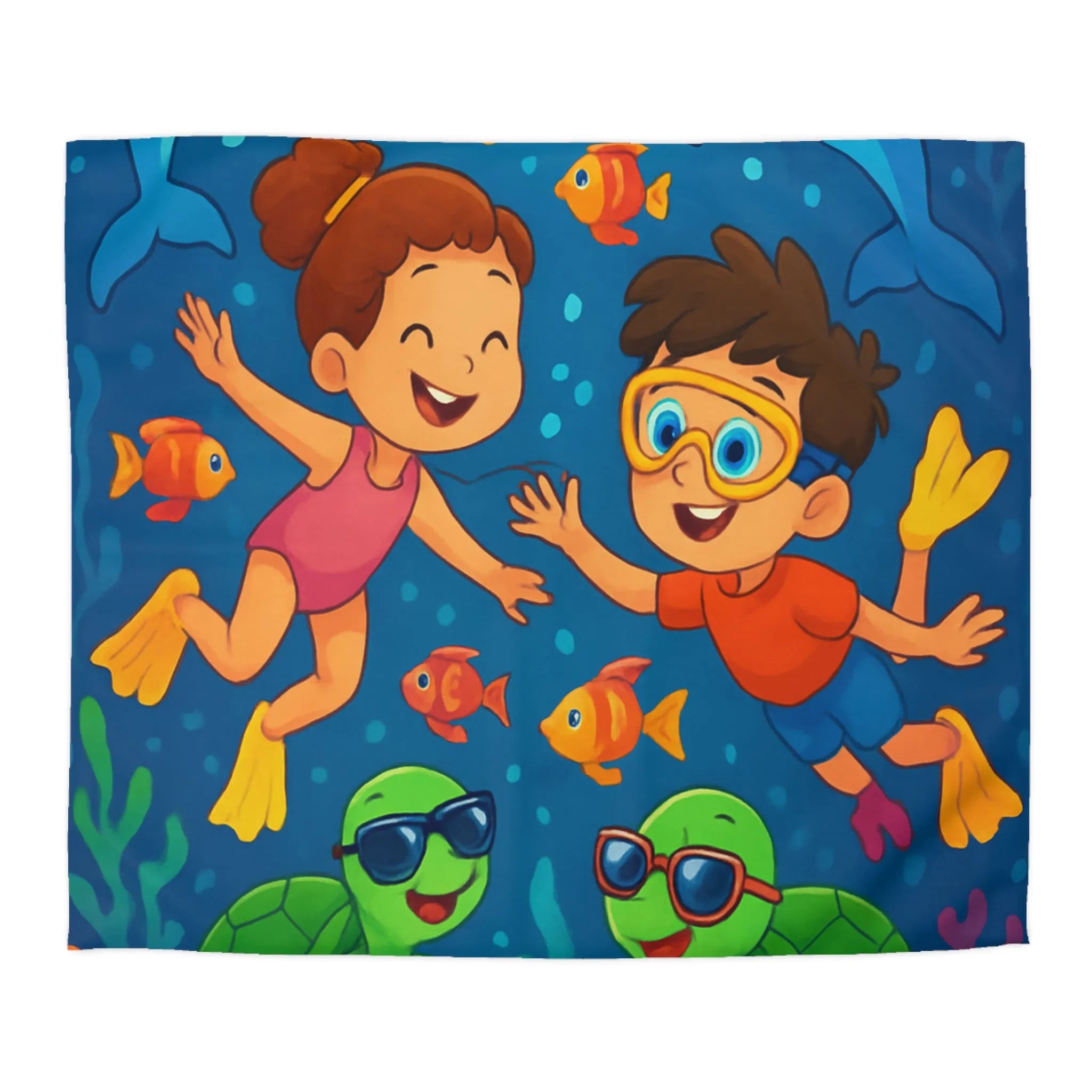 Housse de couette avec enfants nageant joyeusement dans océan vibrant avec animaux marins