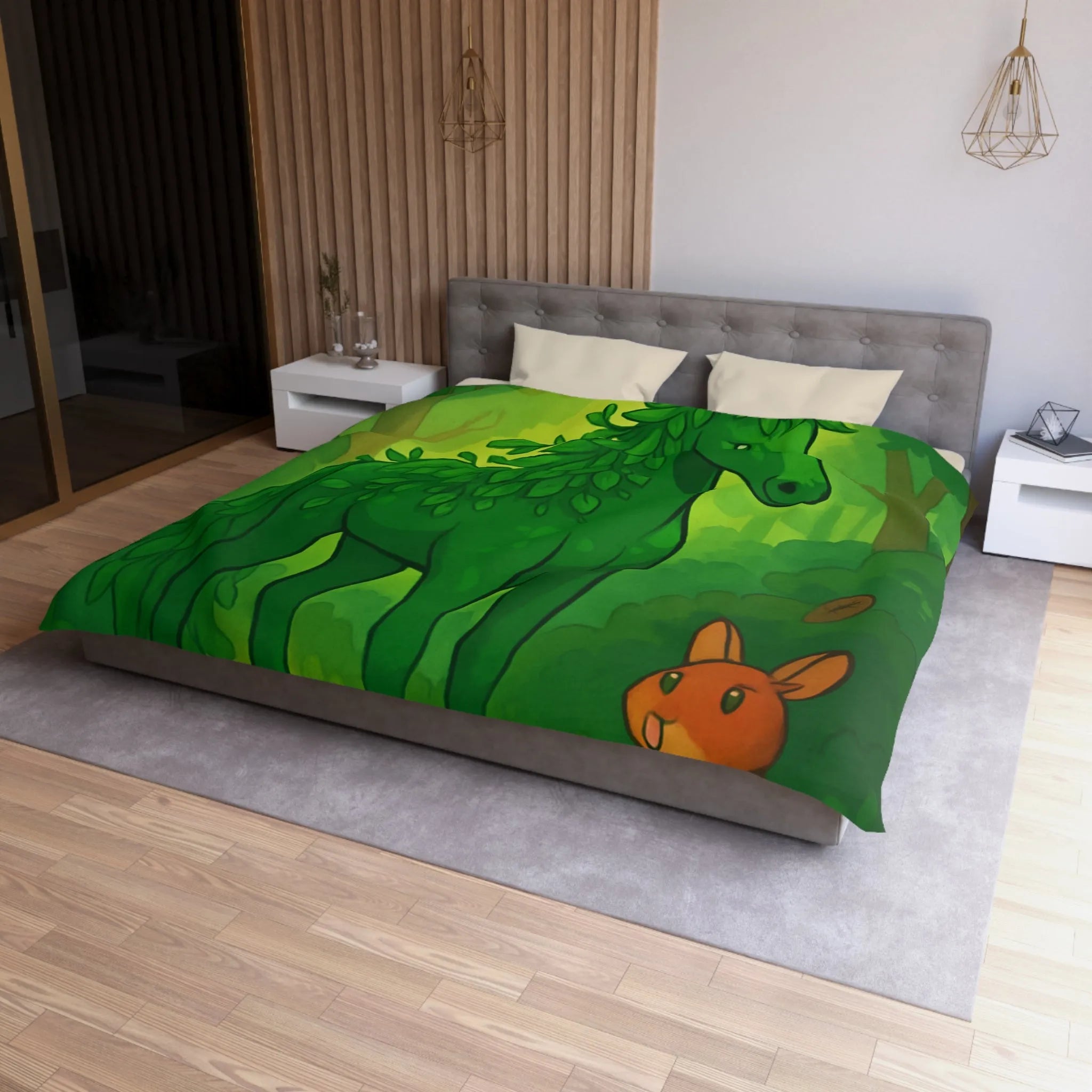 Housse de Couette Forêt Enchantée avec Cheval Vert et Animaux Sylvestres Amicaux