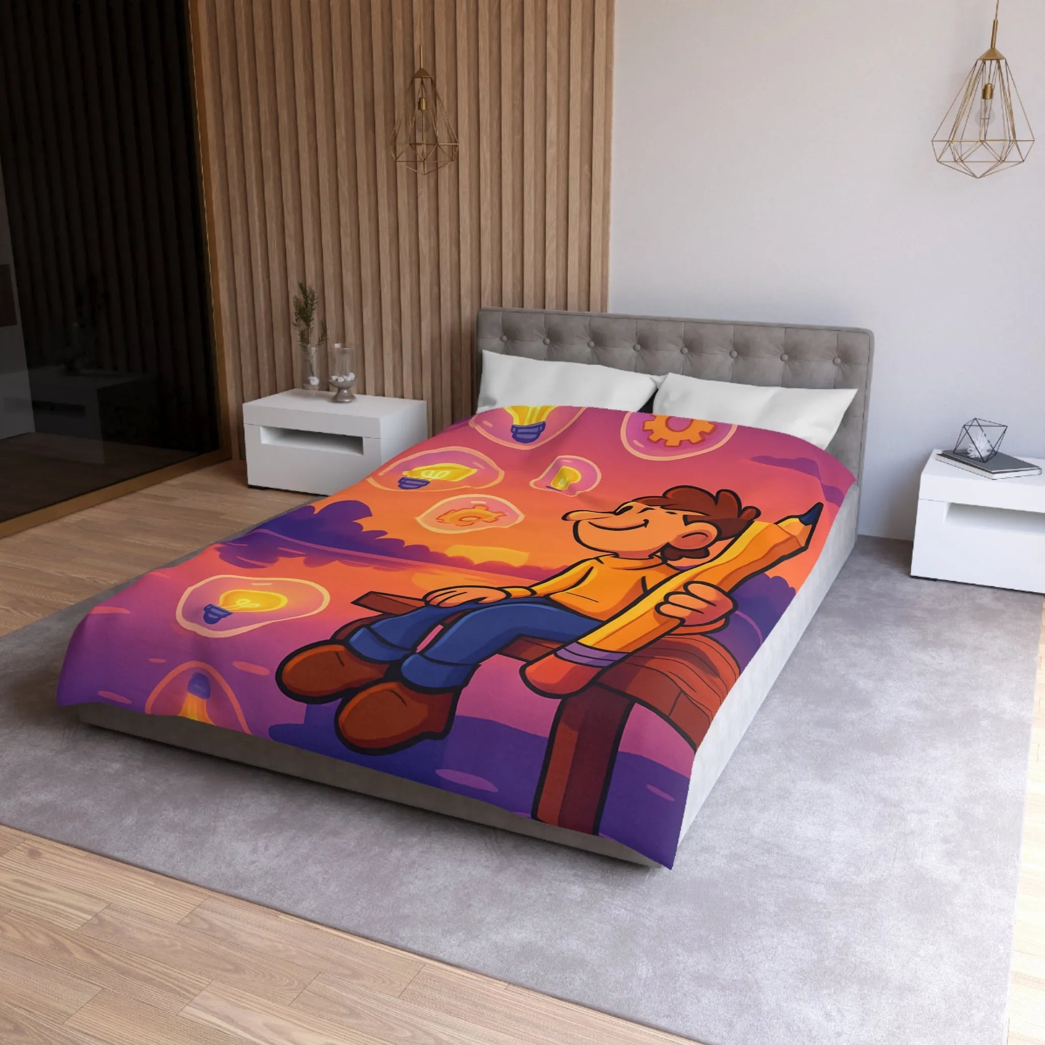 Housse de Couette Créative Avec Personnage Dessinant au Couchant et Ampoules Inspirantes