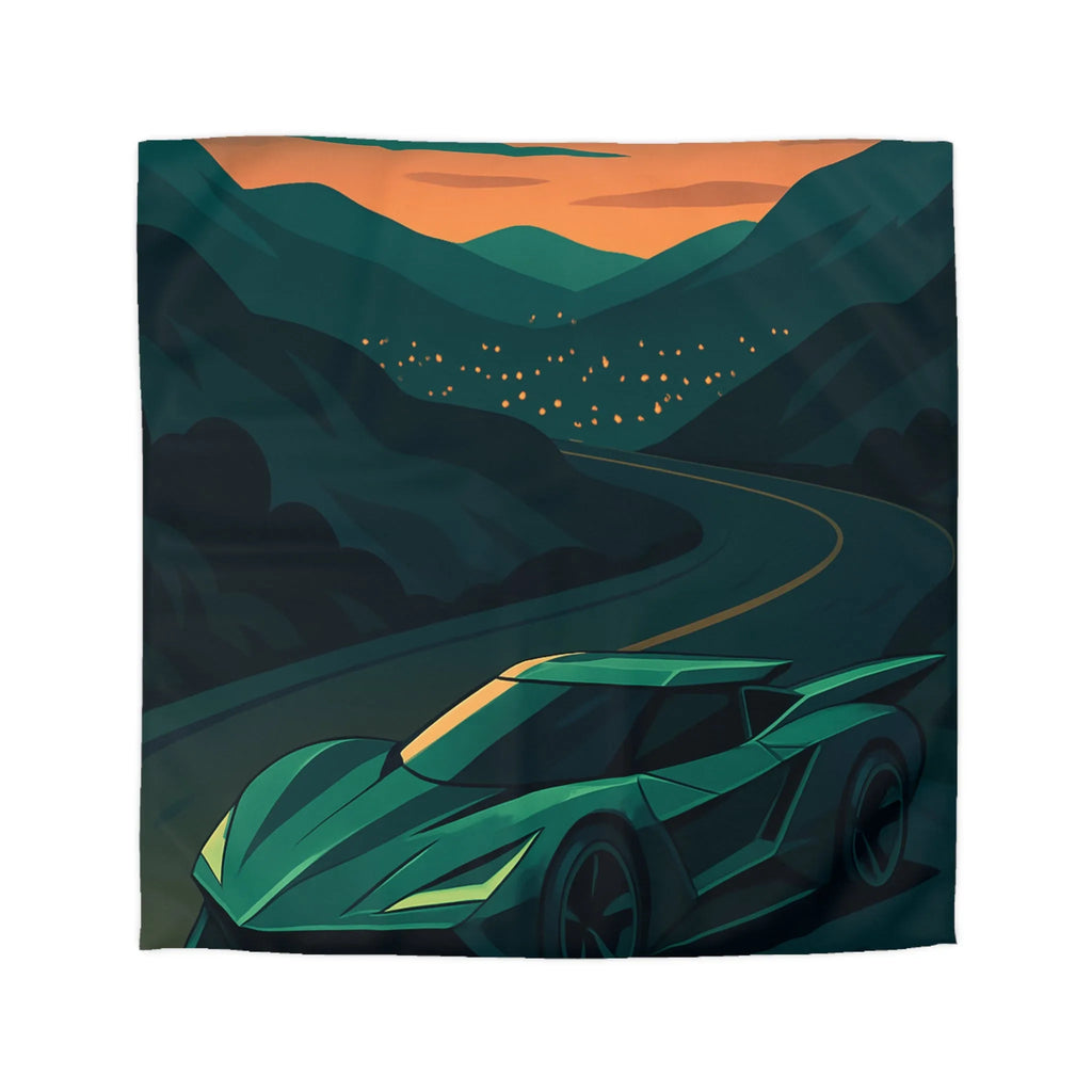 Housse de couette design voiture de sport moderne sur route sinueuse au crépuscule