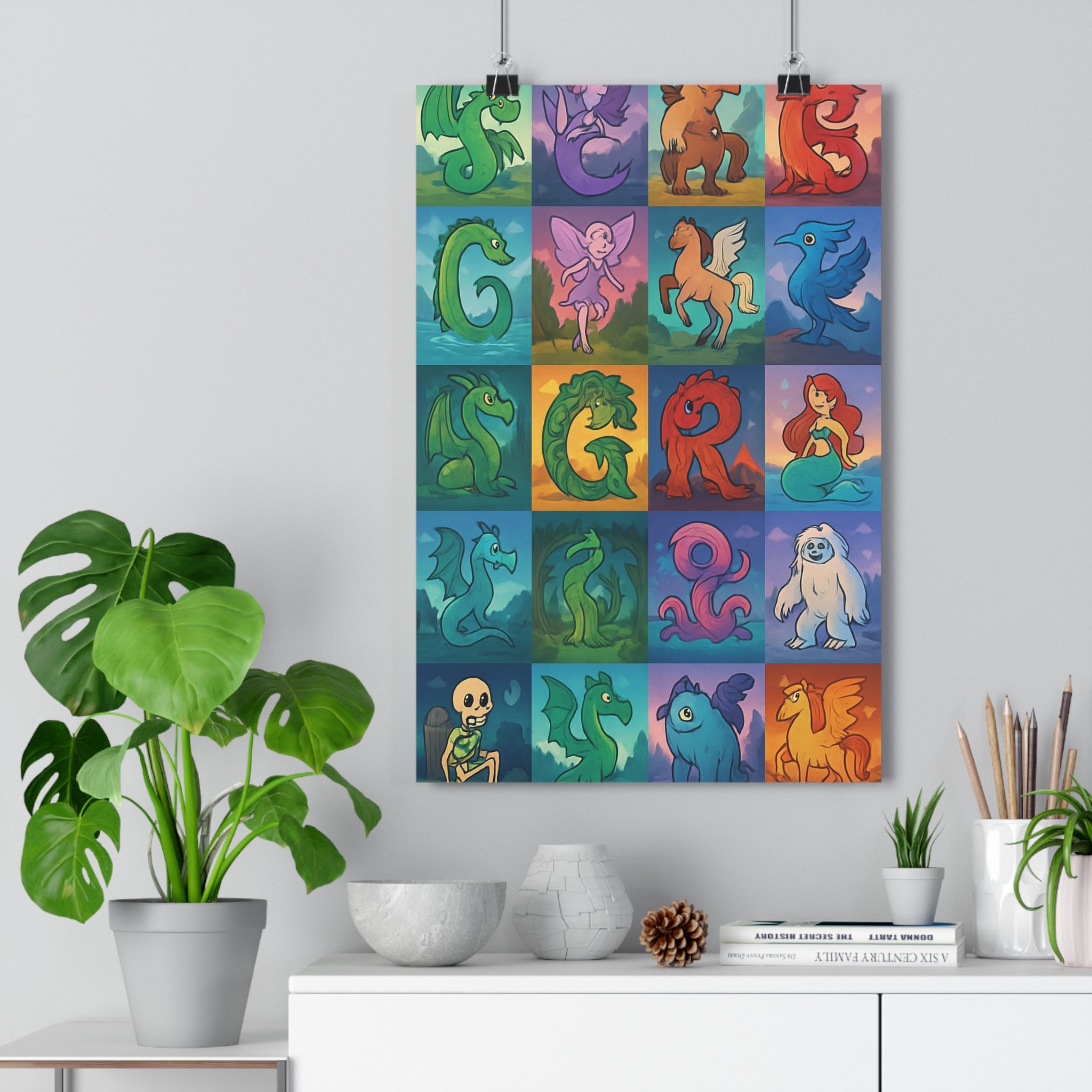 Poster décoratif alphabet créatures mythologiques dessin animé épique couleurs vives chambre enfant magique ludique