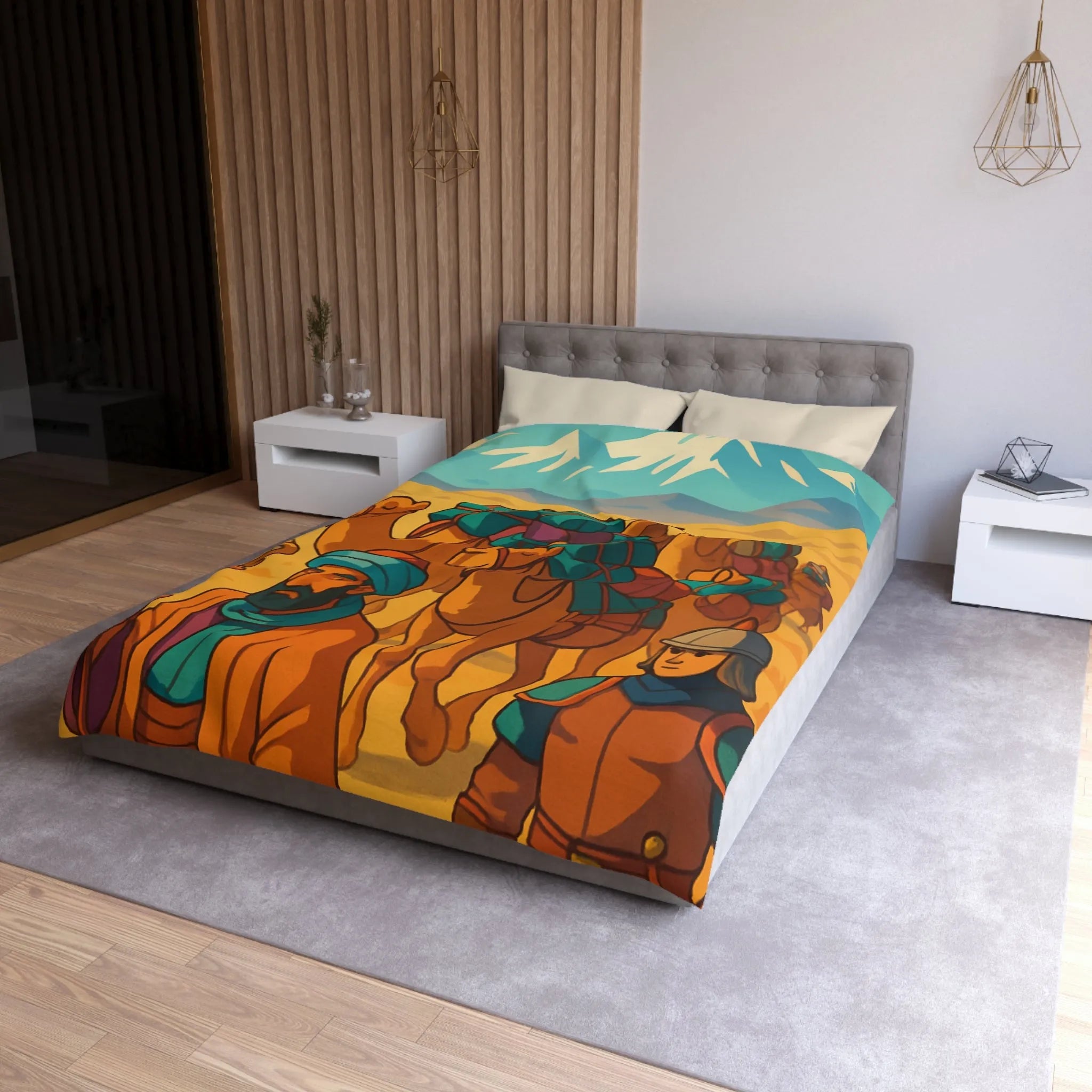 Housse de couette avec caravane de chameaux traversant un désert montagneux en arrière-plan