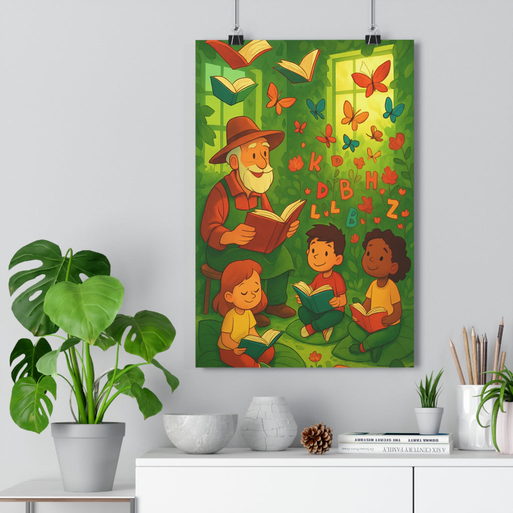Poster décoratif éducatif poétique enchanteur vert orange bleu chambres enfants lecture atmosphère magique papillons