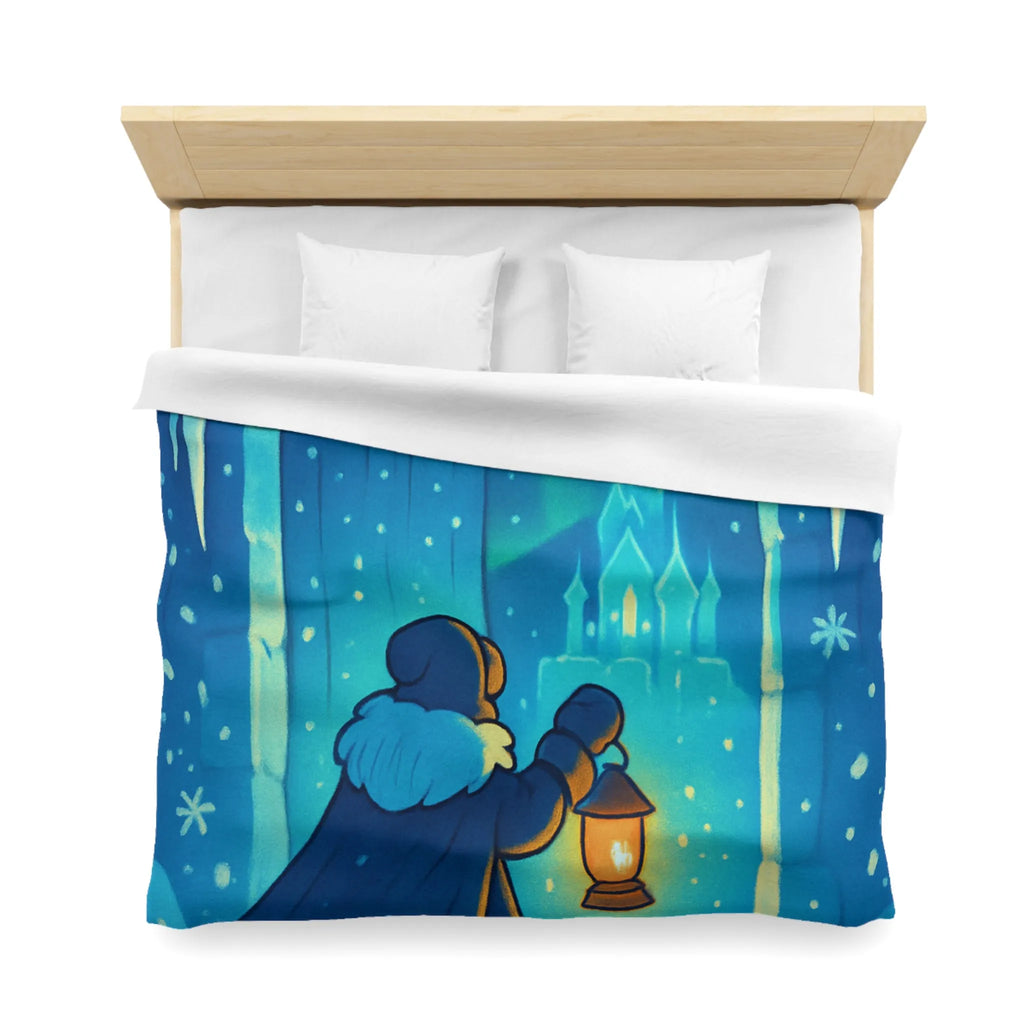 Housse de couette hivernale avec scène lumineuse de paysage enneigé et féérique