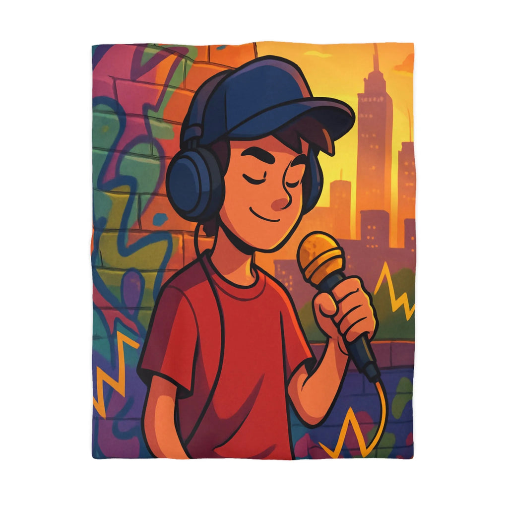 Housse de couette graphique urbaine avec chanteur et microphone sur fond coloré