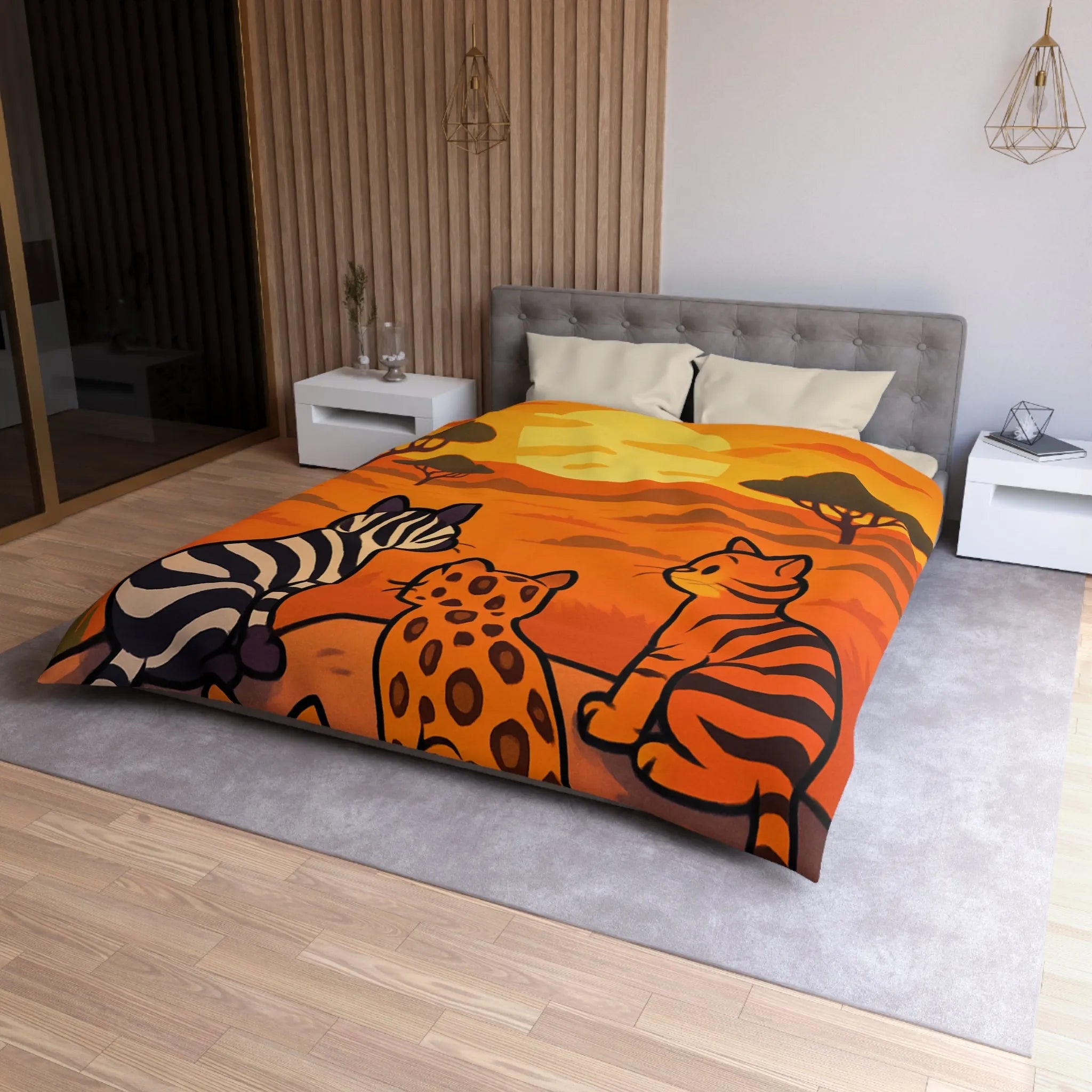 Housse de Couette avec Chats Sauvages Observant le Coucher de Soleil en Savane Africaine