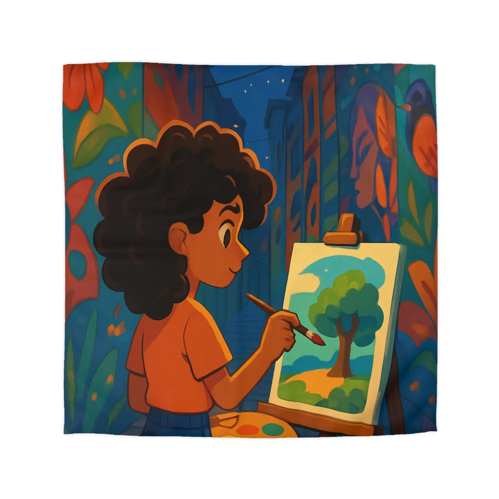 Housse de couette colorée illustrant une ruelle artistique avec peinture et lanterne