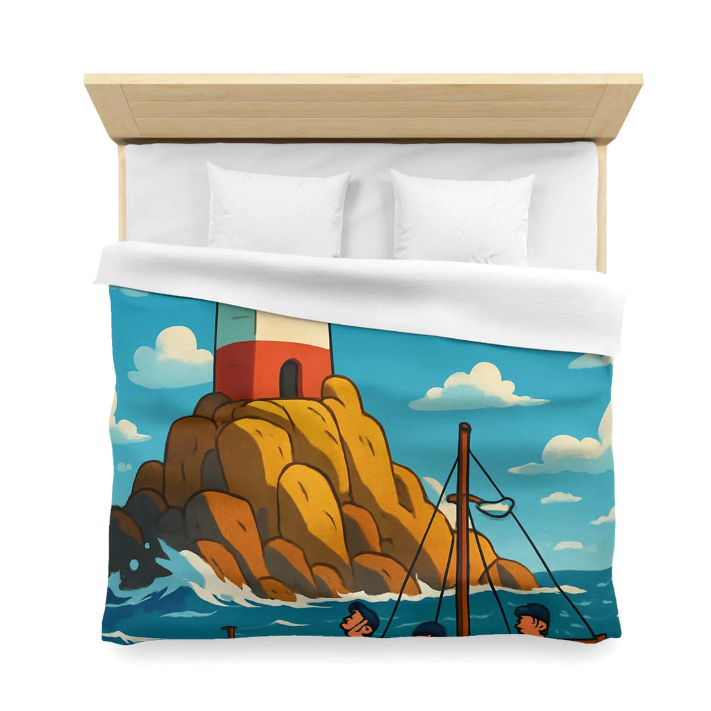 Housse de couette maritime avec phare, bateau et équipage sur mer agitée