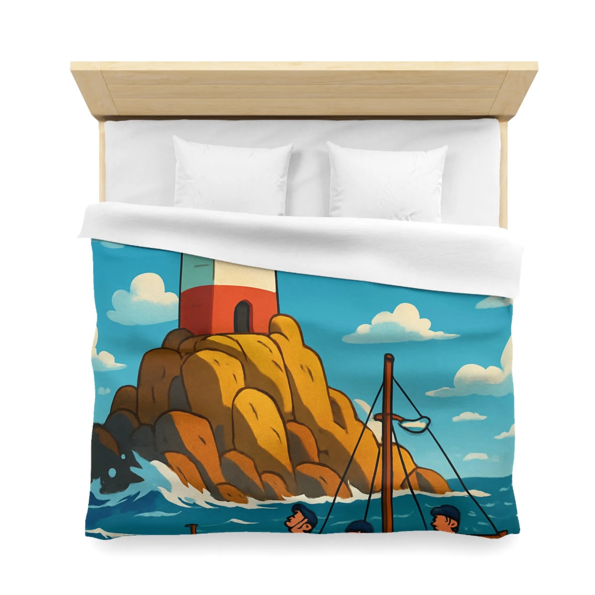 Housse de couette maritime avec phare, bateau et équipage sur mer agitée