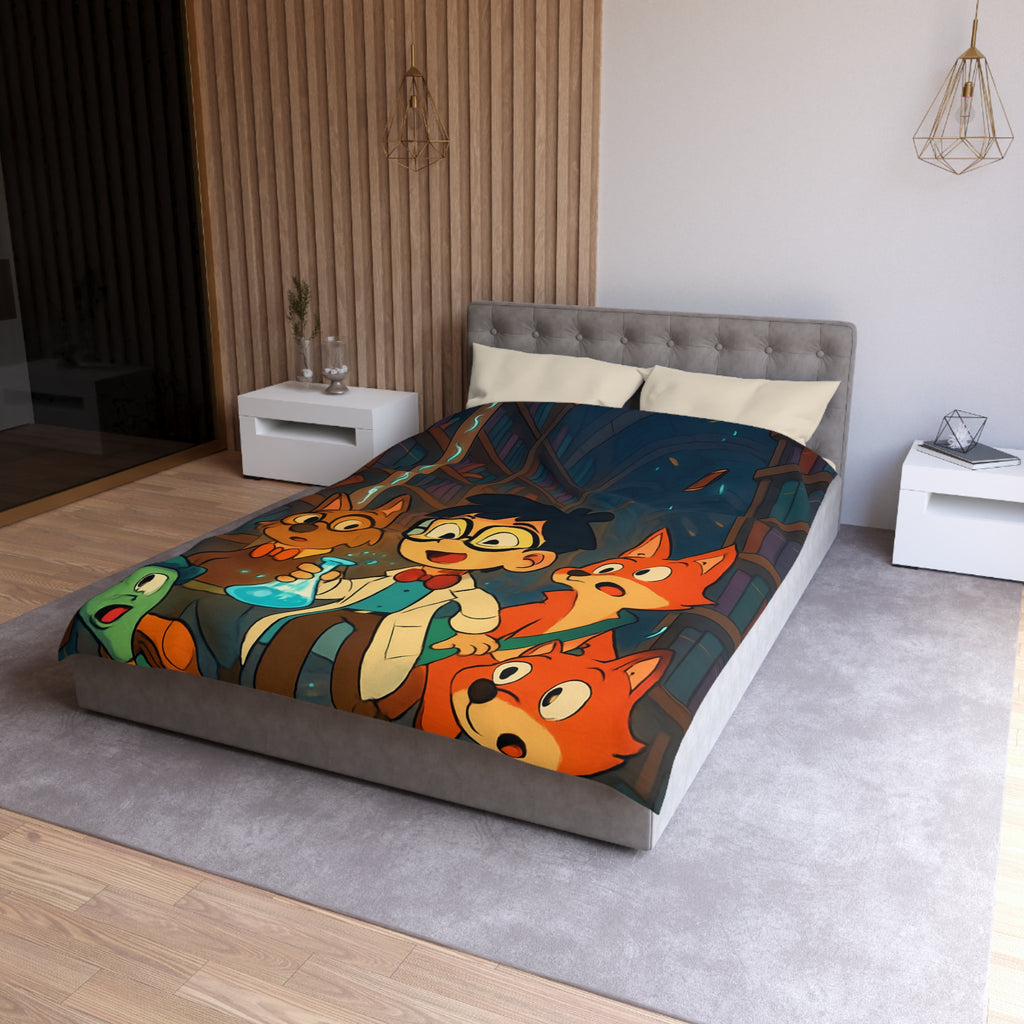 Housse de couette pour enfants avec dessin animé de bibliothèque magique et animaux curieux