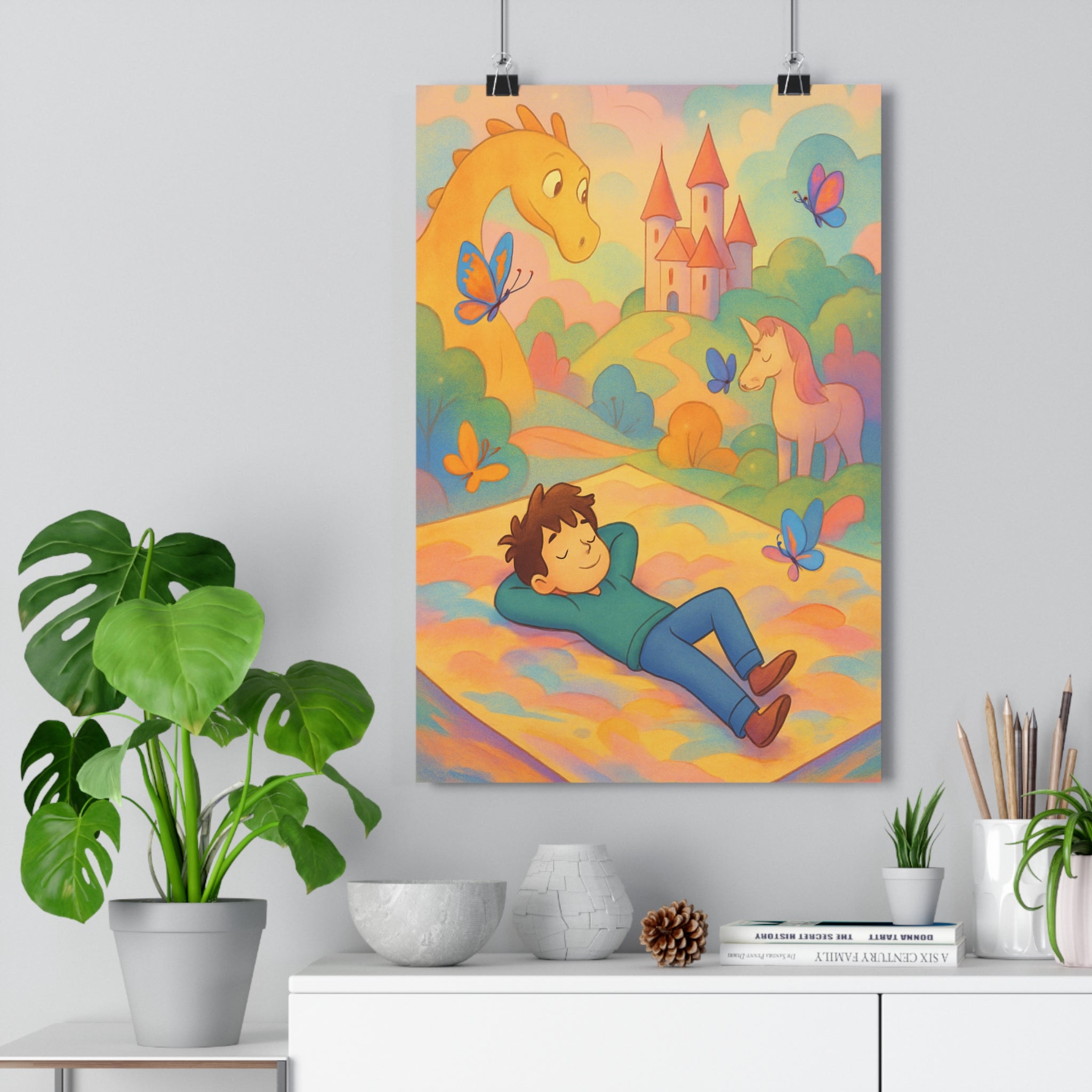 Poster décoratif rêve cartoon enfant joyeux pastel rose bleu chambre dragon licorne château papillons