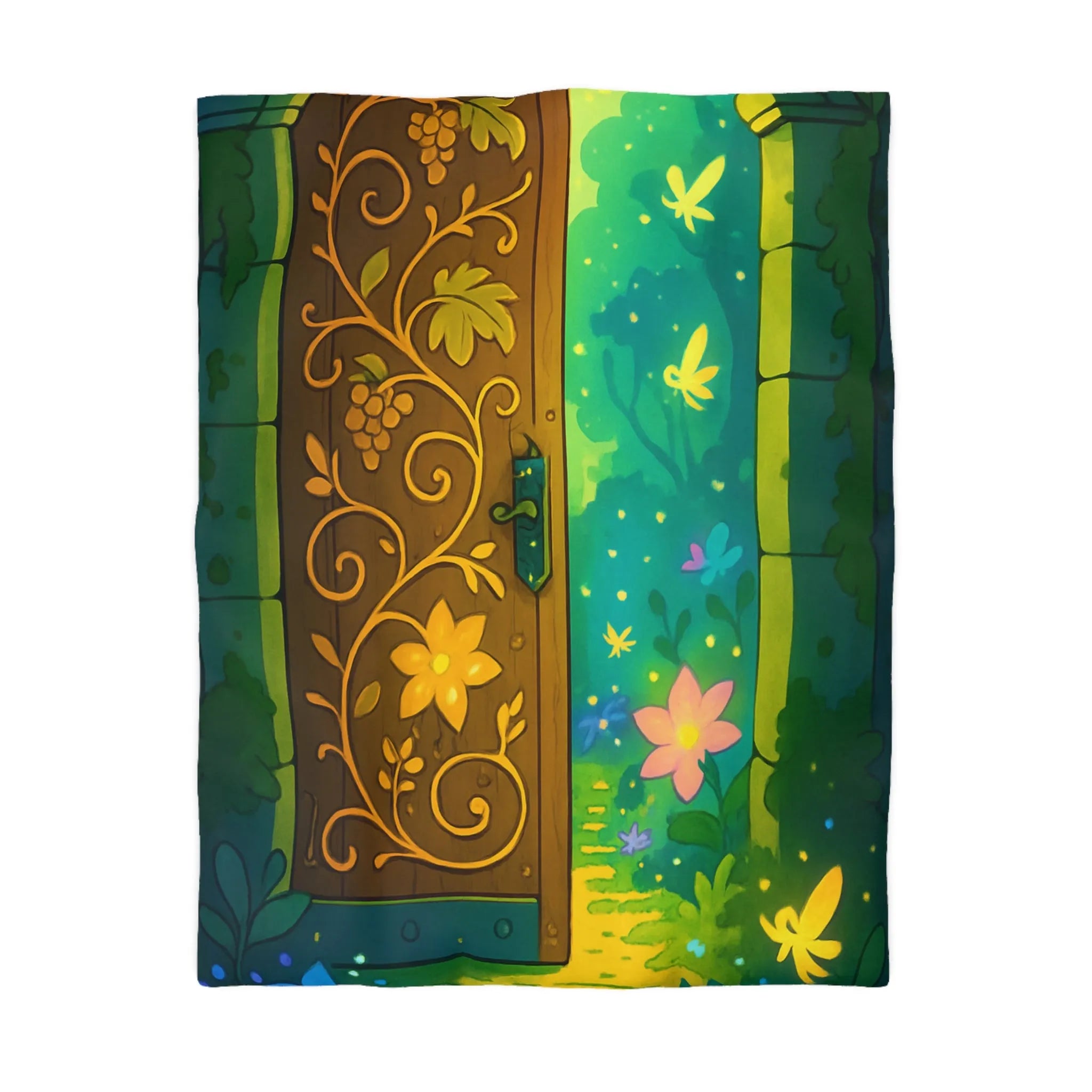 Housse de couette magique avec motif de porte mystique illuminée et papillons colorés