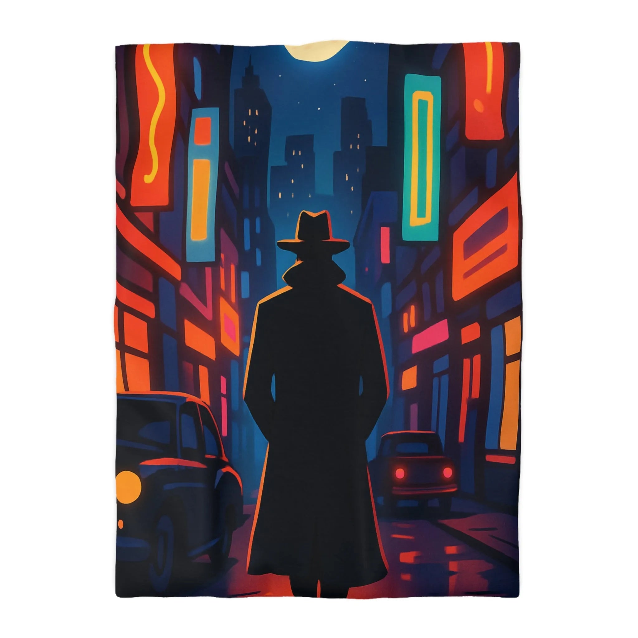 Housse de couette avec silhouette urbaine rétro, lune mystérieuse et néons intenses