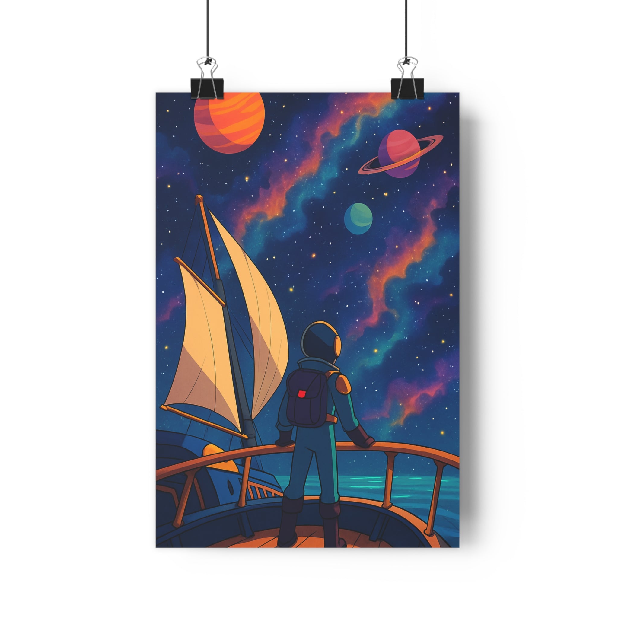 Poster décoratif futuriste bleu orange violet cartoon aventure espace chambre salon unique captivant tendance