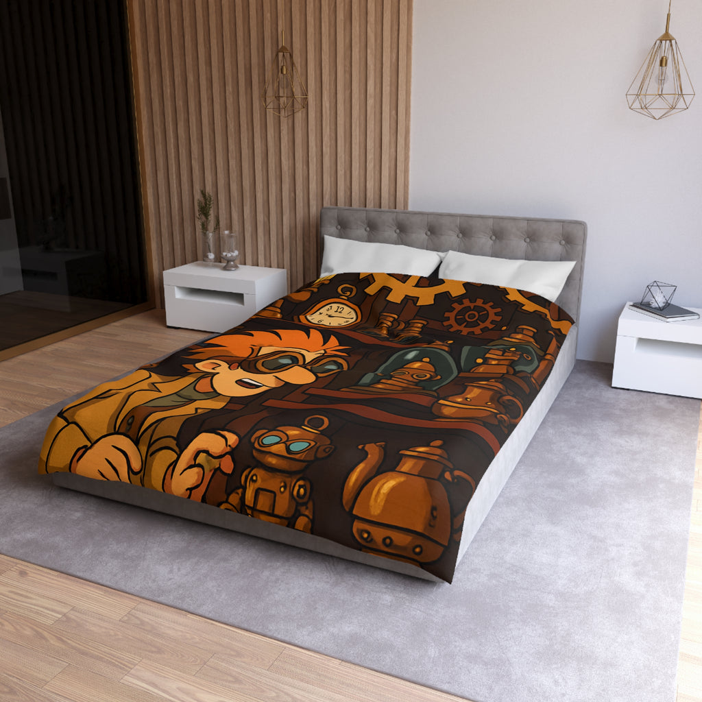 Housse de couette steampunk avec engrenages dorés et inventeur aux lunettes futuristes