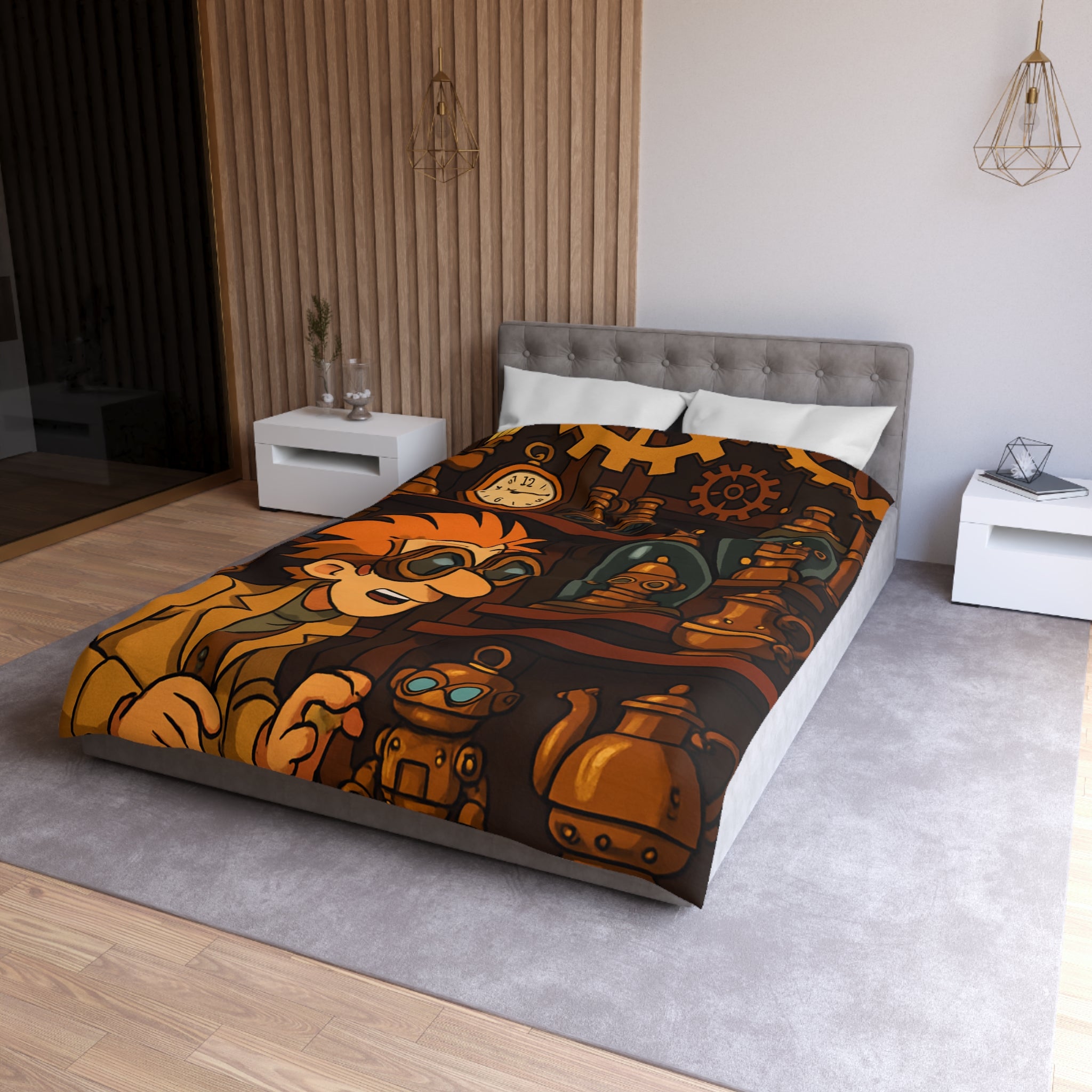 Housse de couette steampunk avec engrenages dorés et inventeur aux lunettes futuristes