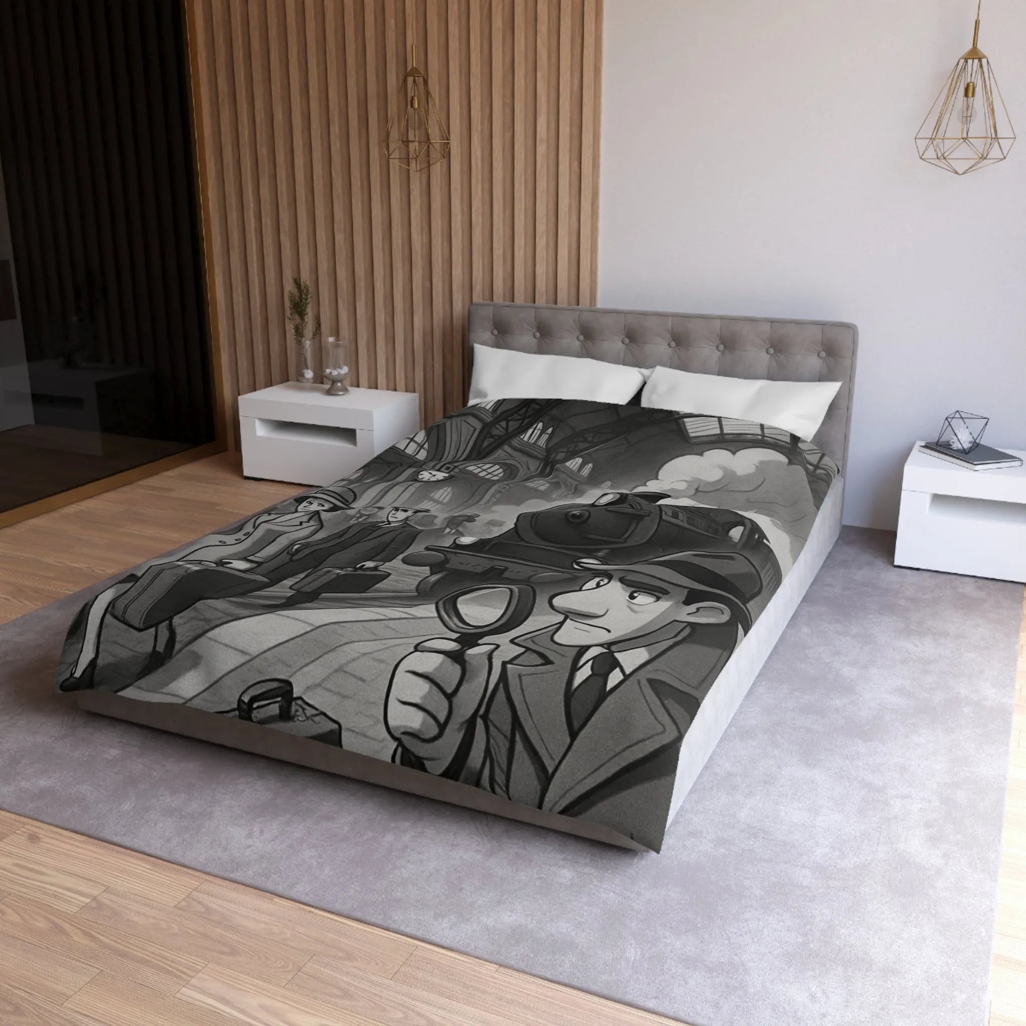 Élégante housse de couette rétro avec train à vapeur et ambiance mystérieuse noir et blanc