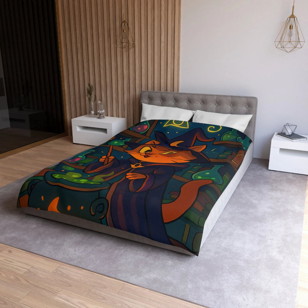Housse de couette magique avec chat sorcier, chaudron et bibliothèque alchimiste enchanteresse