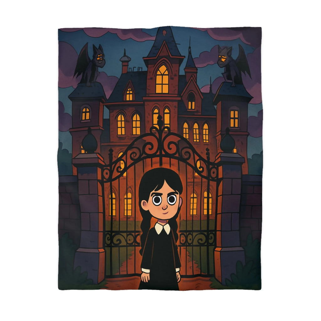 Housse de couette gothique avec manoir hanté, gargouilles et personnage mystérieux debout