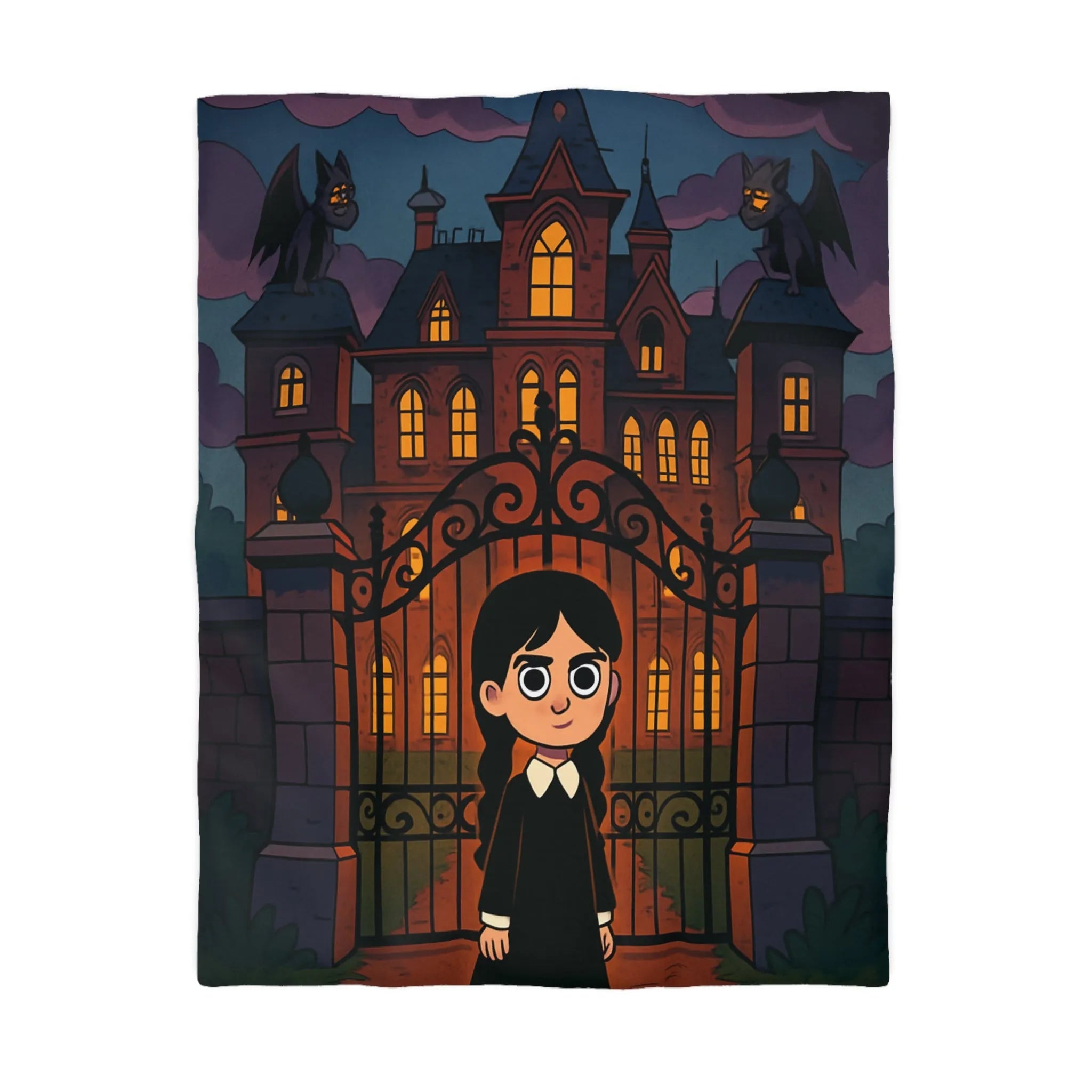 Housse de couette gothique avec manoir hanté, gargouilles et personnage mystérieux debout