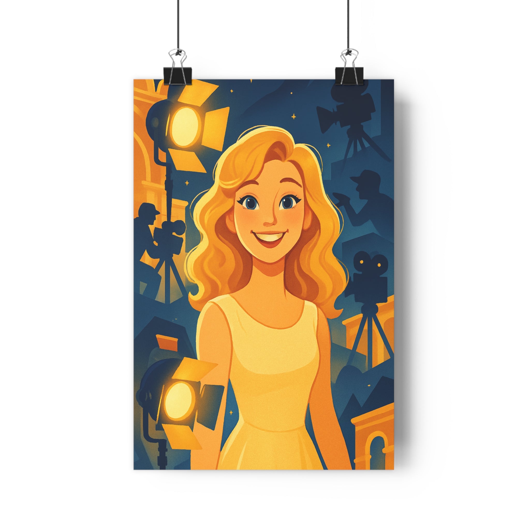 Poster décoratif glamour femme cartoon jaune bleu cinéma moderne bureau créatif ambiance lumineuse 30x46