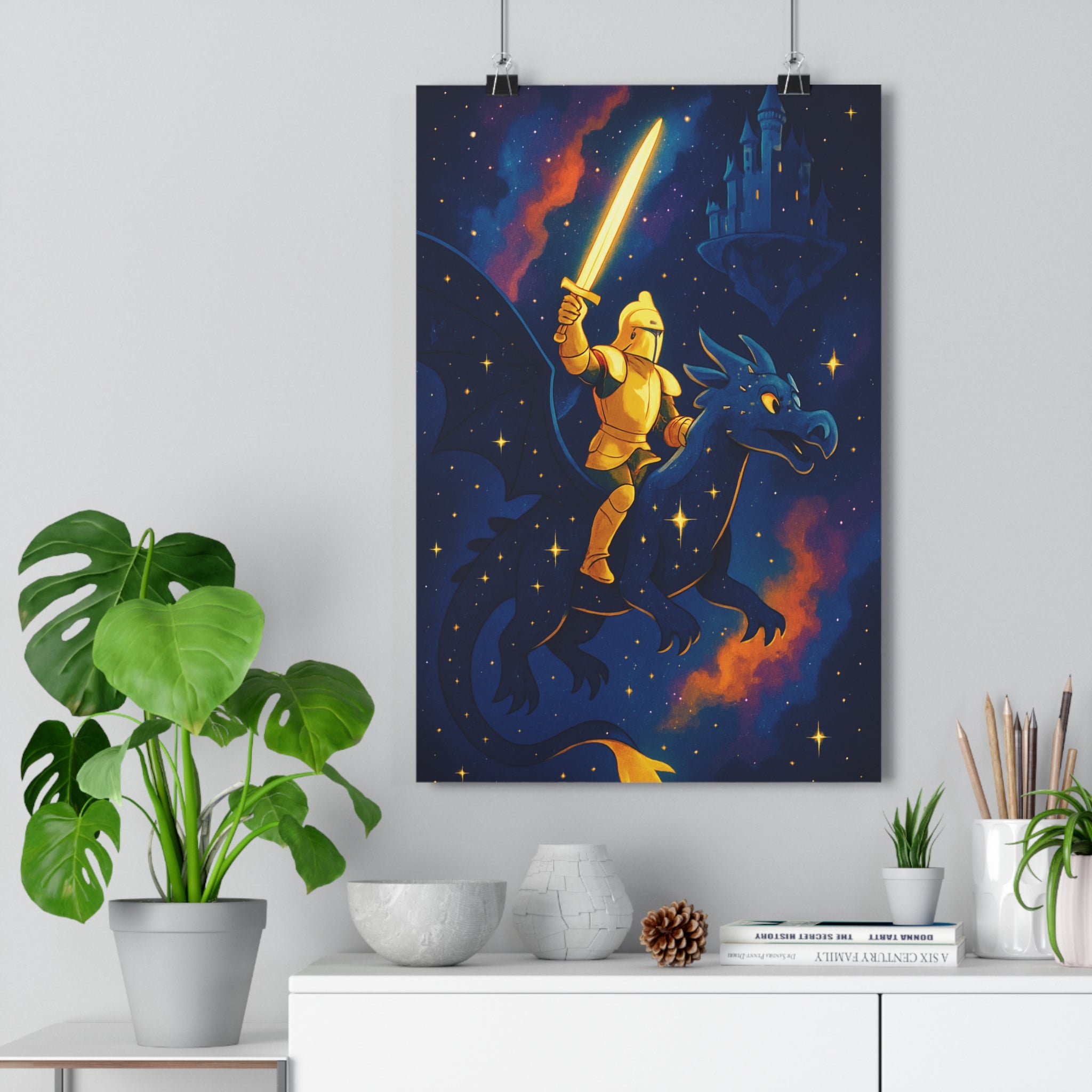 Poster décoratif chevalier dragon bleu doré cartoon fantastique aventure chambre enfant épée lumineux étoilé