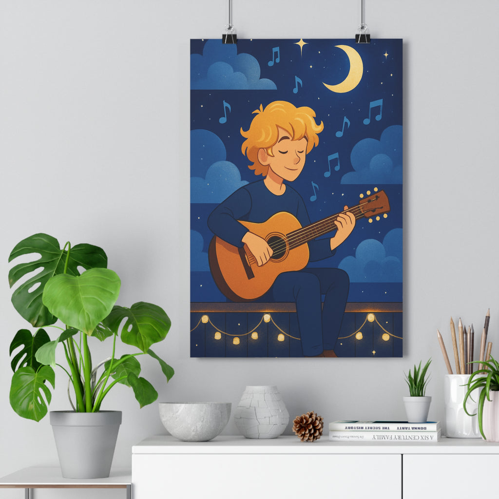 Poster décoratif rêveur poétique bleu nuit étoilé musique mystique lumineux chambre apaisant moderne ambiance