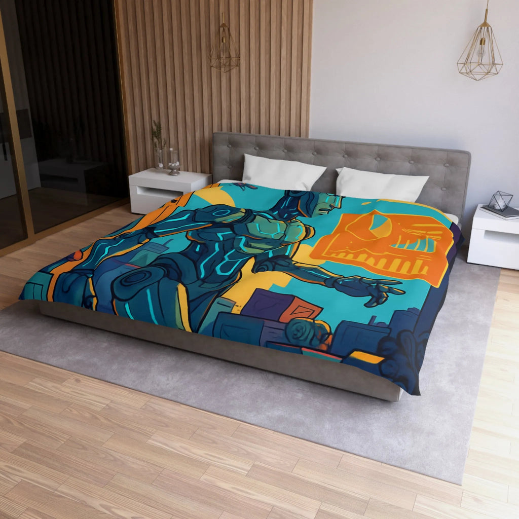 Housse de couette futuriste avec robot et drones, couleurs vives et graphiques modernes