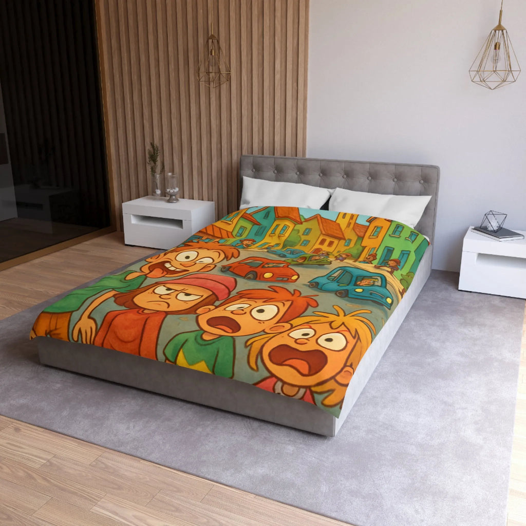 Housse de couette enfants joyeuse ville animée avec personnages colorés et expressions vives