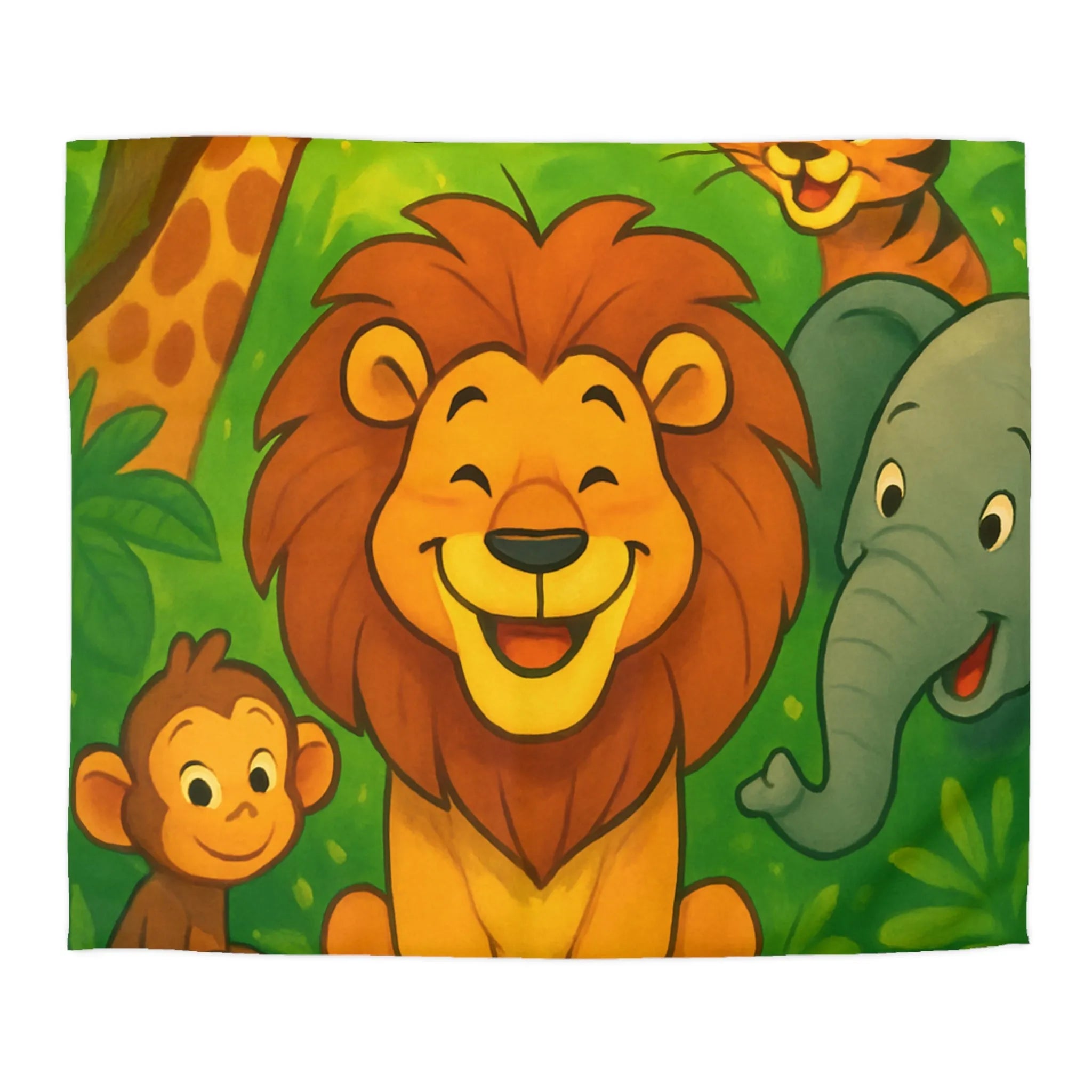 Housse de couette enfant jungle avec animaux joyeux, lion, tigre, girafe, éléphant