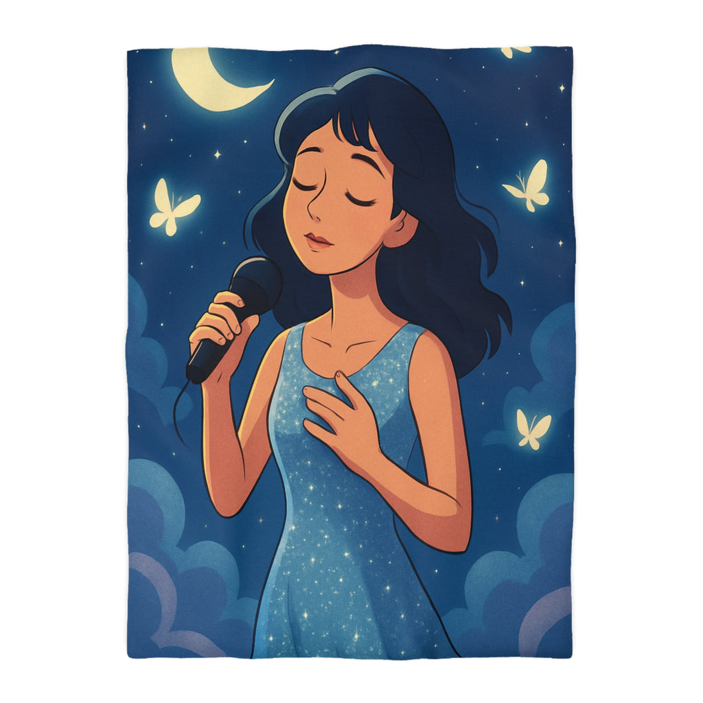 Housse de couette rêveuse avec chanteuse, papillons, lune et ciel étoilé bleu