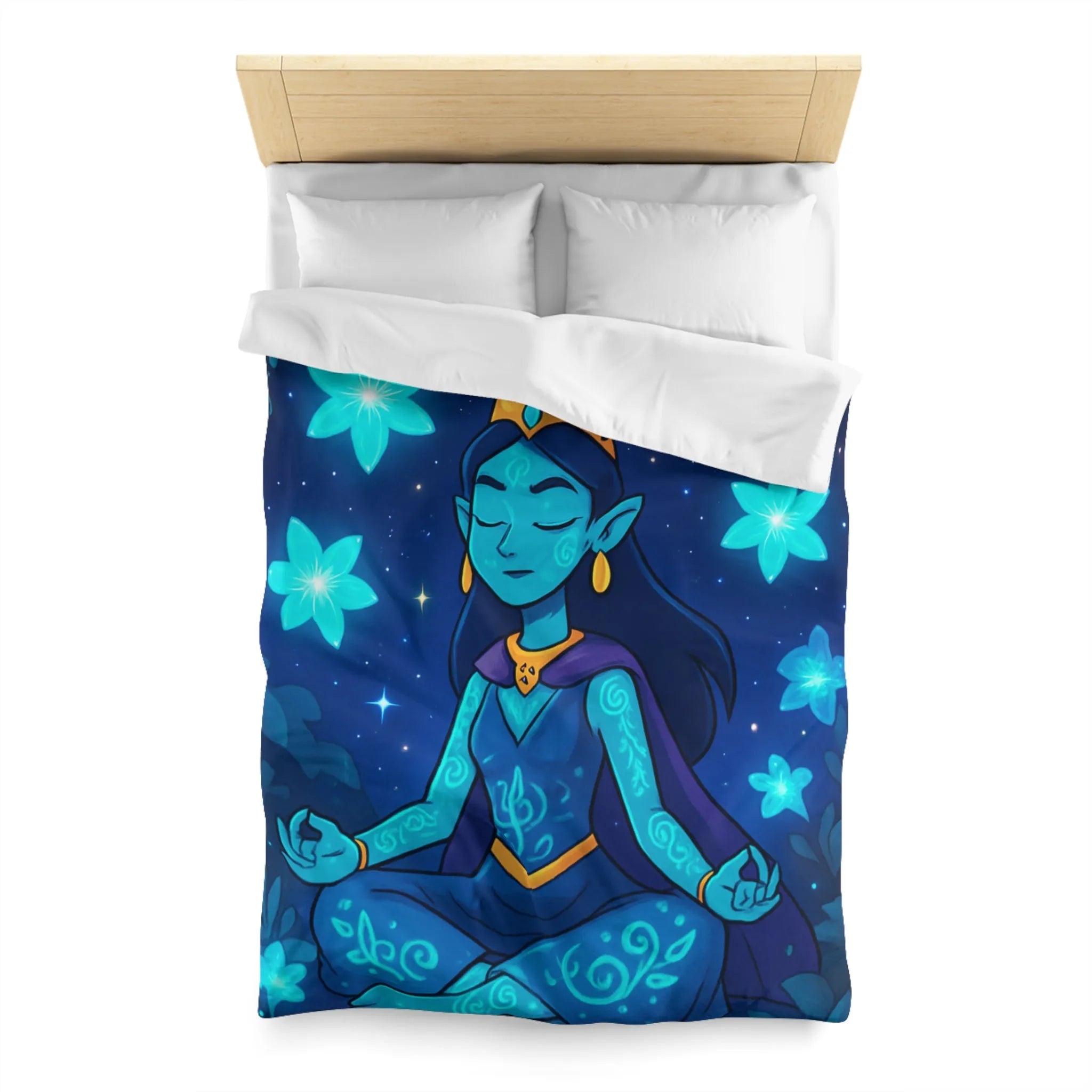 Housse de Couette Élégante avec Déesse Méditative et Étoiles, Ambiance Nocturne Mystique