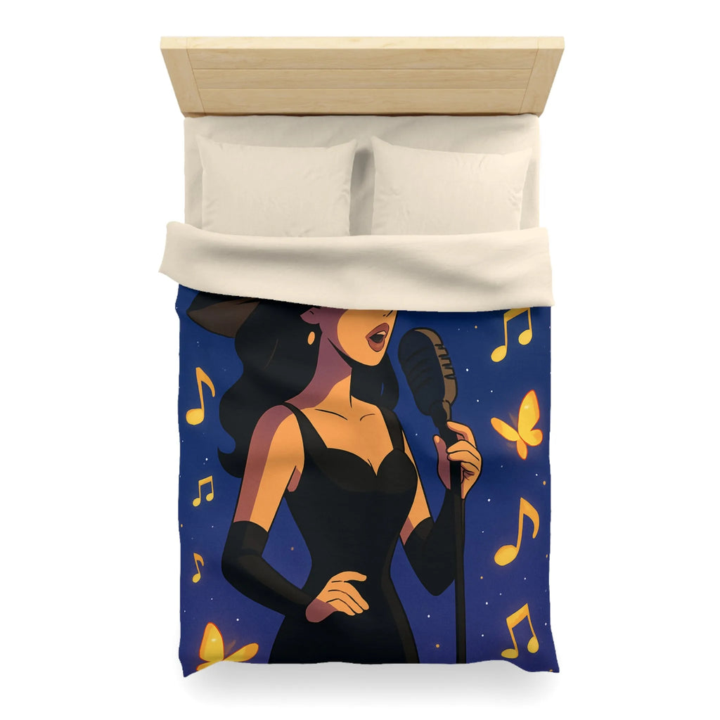 Élégant design musicien nocturne avec notes dorées et papillons sur fond étoilé bleu