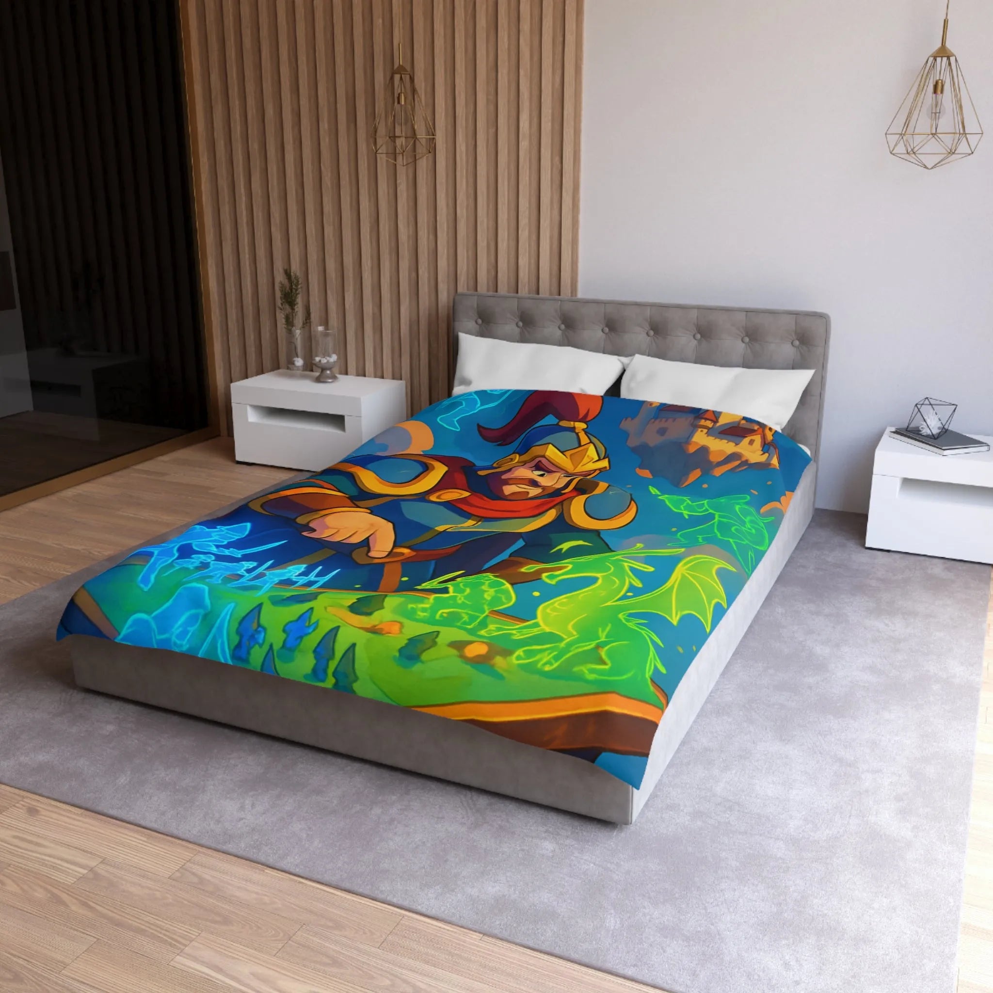 Housse de couette épique guerriers médiévaux et dragon sur plateau de jeu fantastique