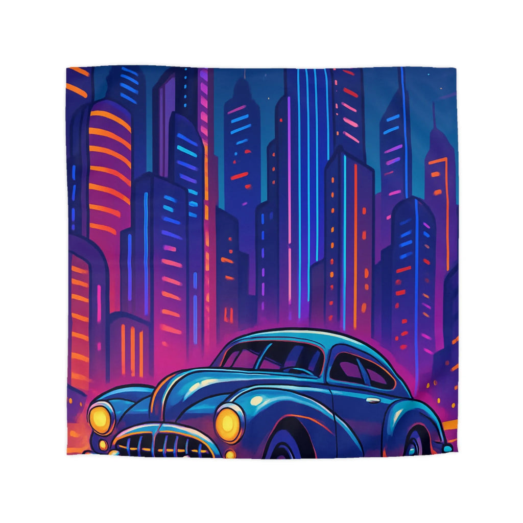 Housse de Couette Futuriste avec Voiture Vintage et Ville Lumineuse Style Néon