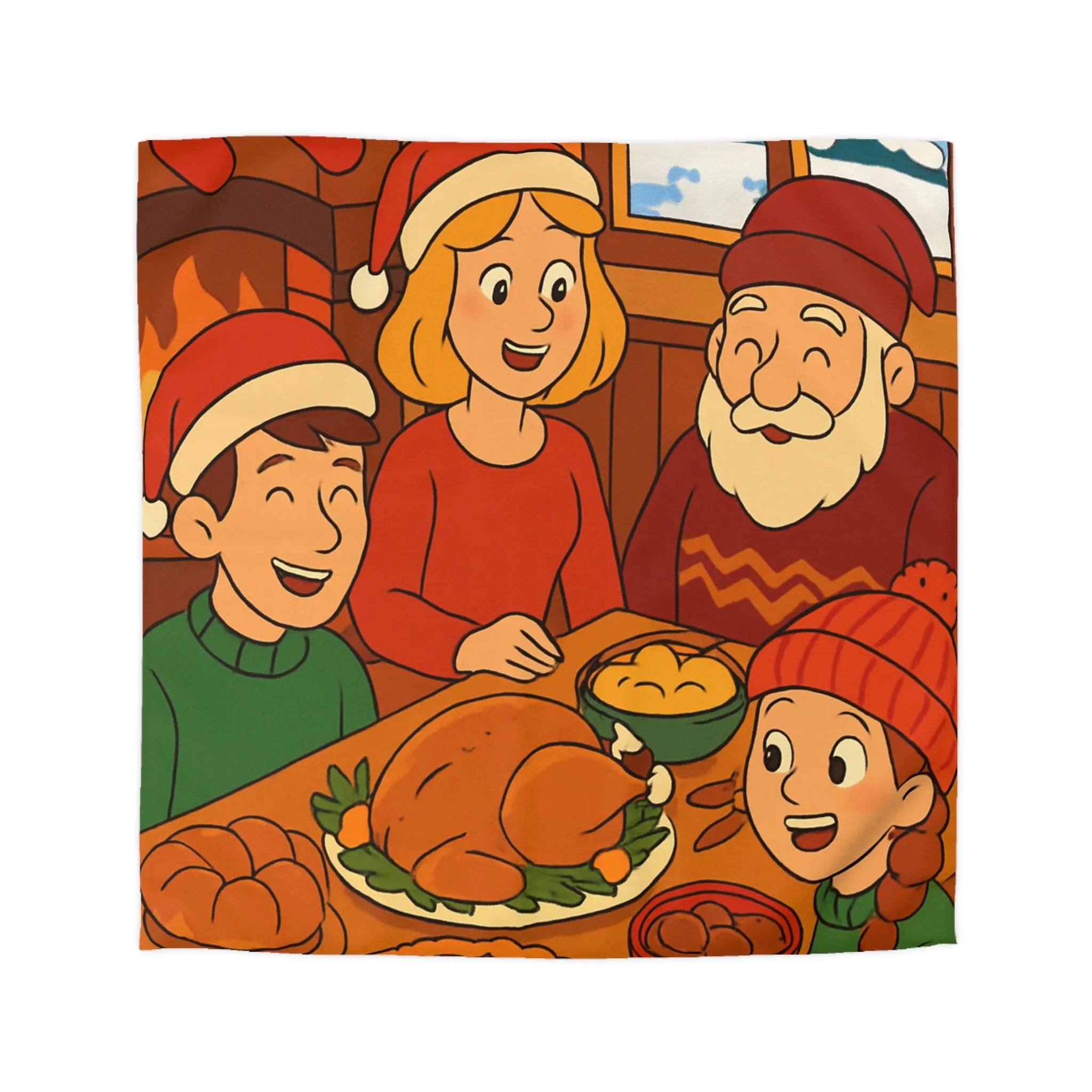 Housse de couette festive Noël famille réunie autour d'un dîner savoureux cheminée