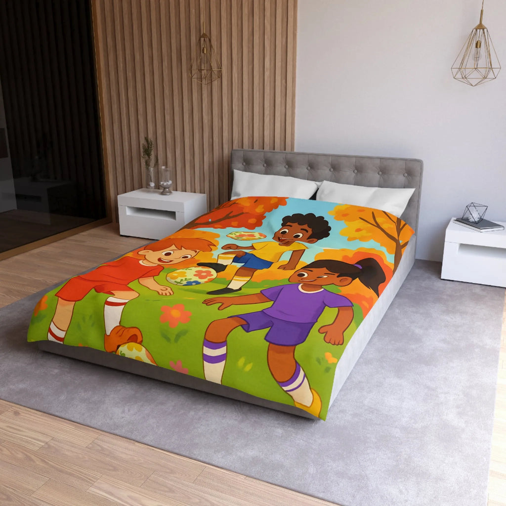 Housse de Couette Enfant Animée, Jeu de Ballon en Automne aux Couleurs Vives