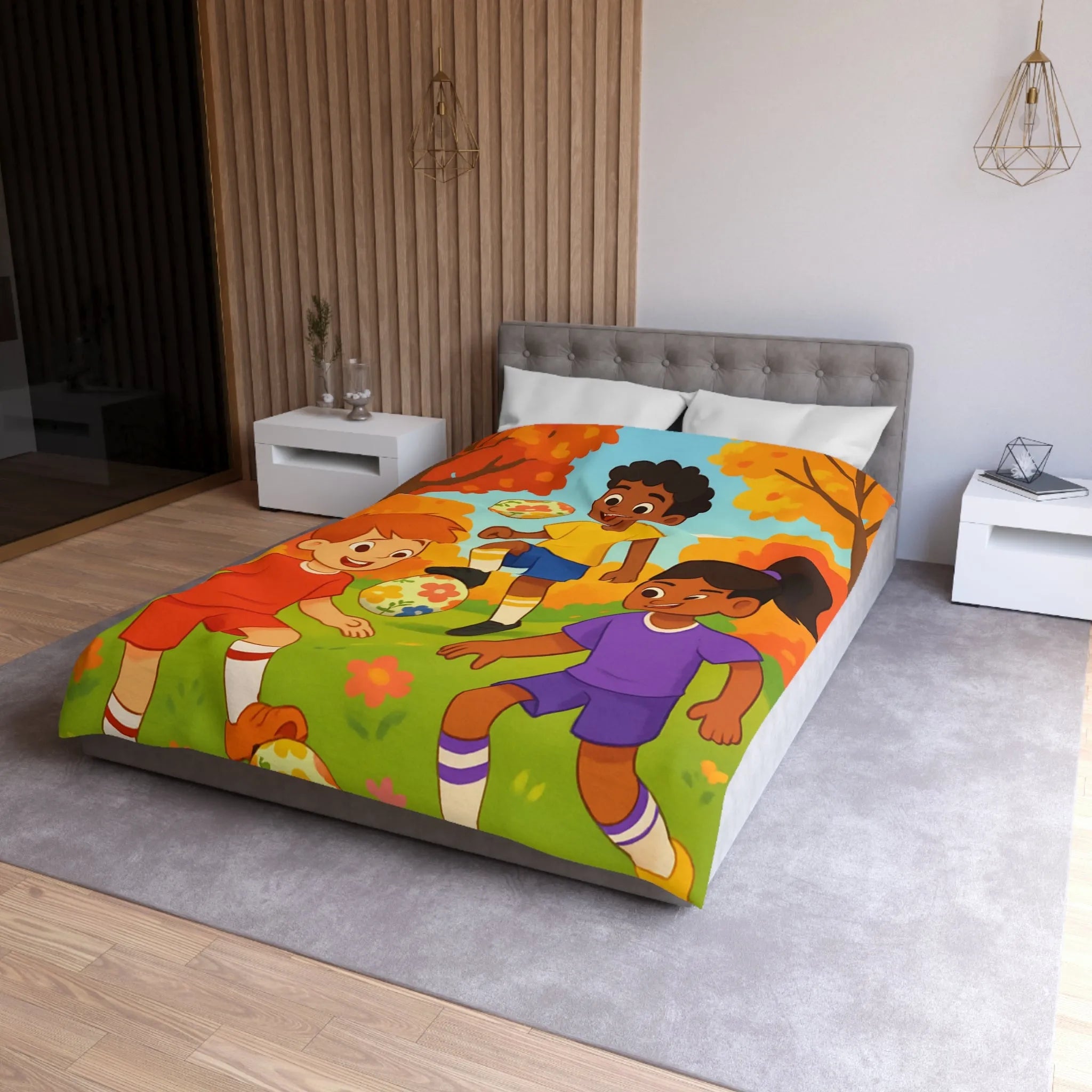 Housse de Couette Enfant Animée, Jeu de Ballon en Automne aux Couleurs Vives