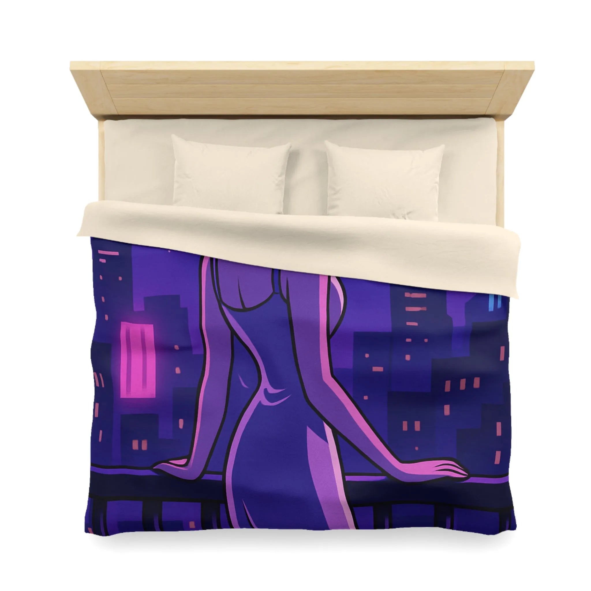 Housse de couette avec femme contemplant ville nocturne éclairée, style rétro futuriste animé