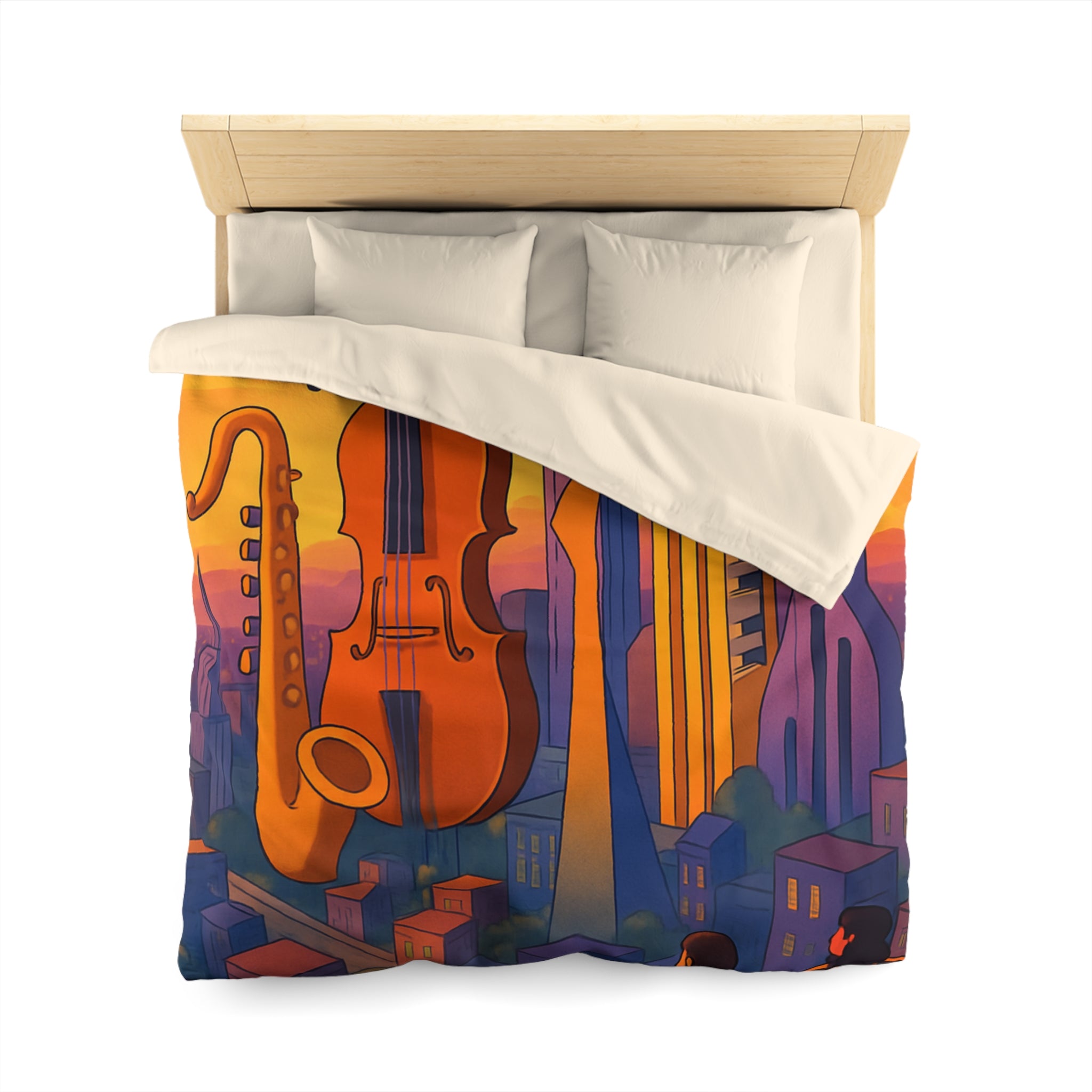 Housse de couette urbaine avec des instruments géants flottant au coucher de soleil vibrant