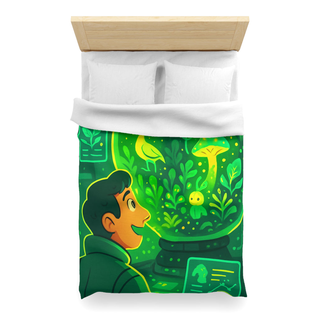 Housse de couette verte forêt magique avec créatures et éléments de laboratoire lumineux