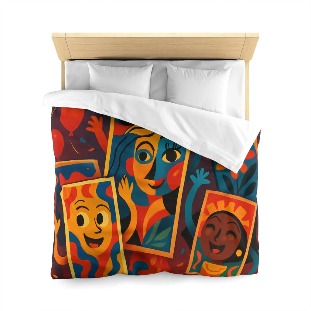 Housse de couette colorée comics avec motifs de fête et personnages joyeux