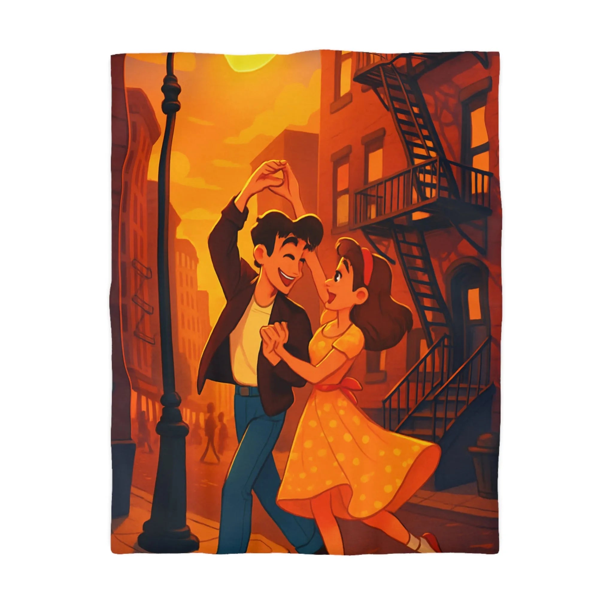 Danse romantique rétro sous réverbère vintage, ambiance urbaine crépusculaire charmante et nostalgique