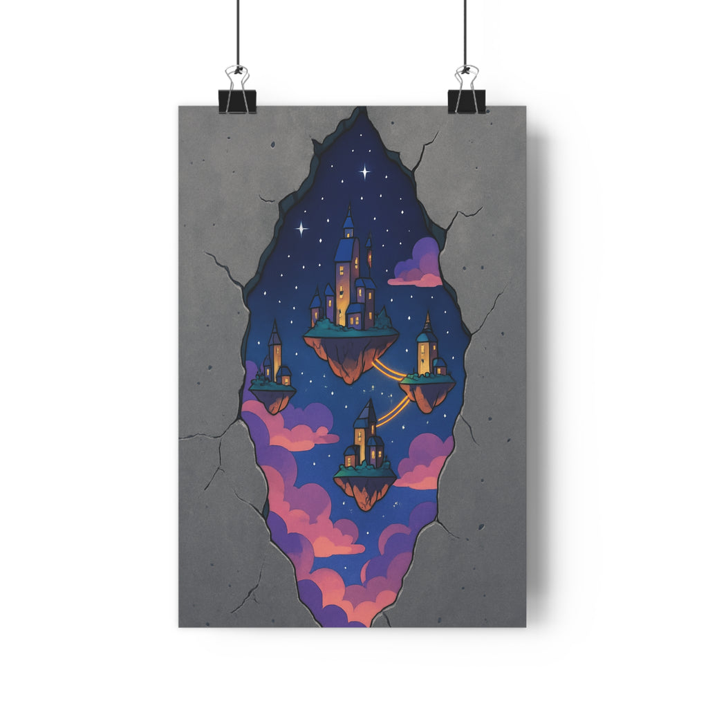 Poster décoratif cité céleste bleu violet mystique anime magique chambre salon apaisante îlots lumineux