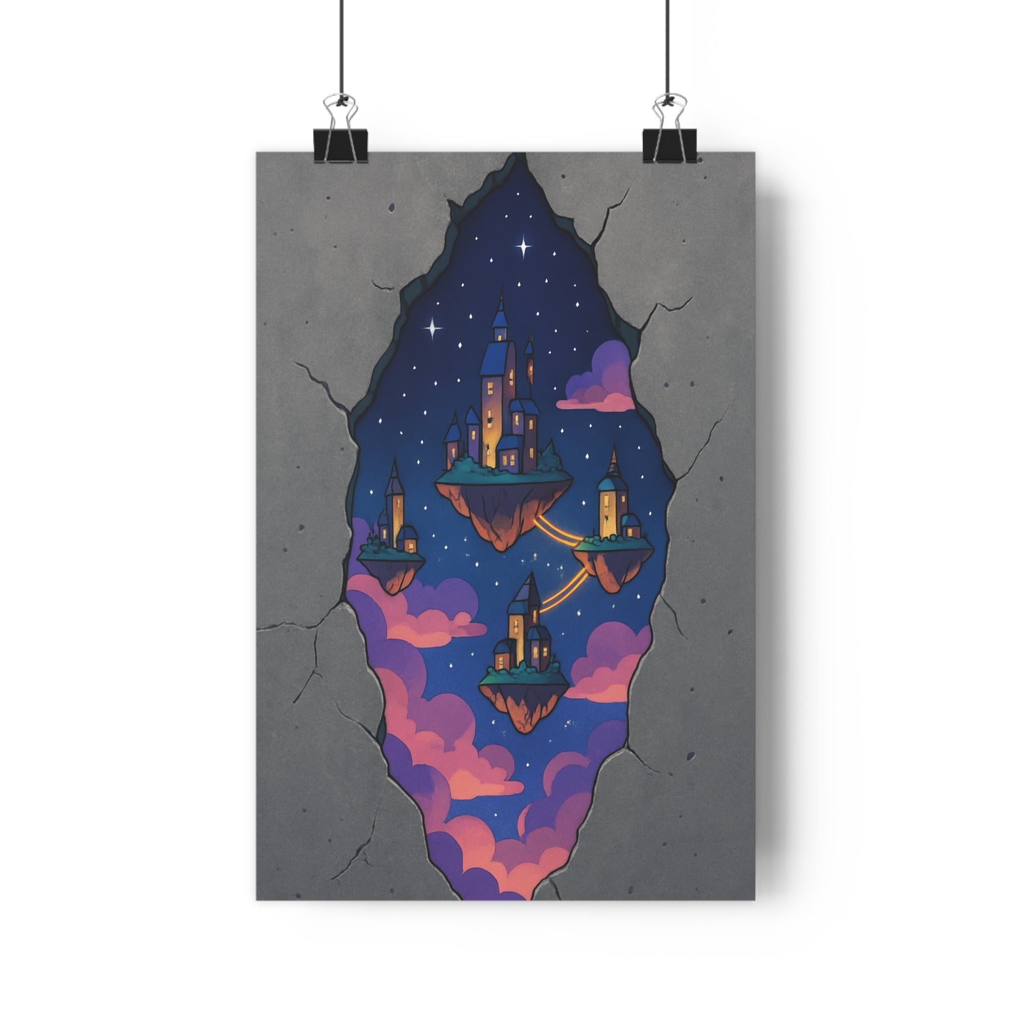 Poster décoratif cité céleste bleu violet mystique anime magique chambre salon apaisante îlots lumineux