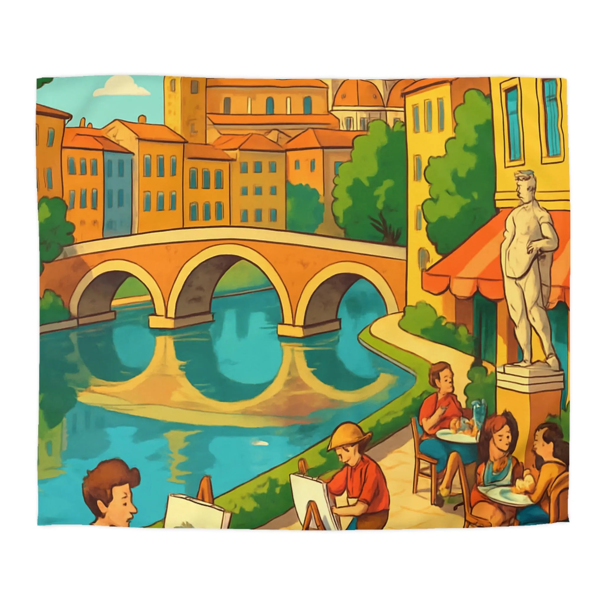 Housse de couette inspirée de ville artistique avec pont et cathédrale colorée