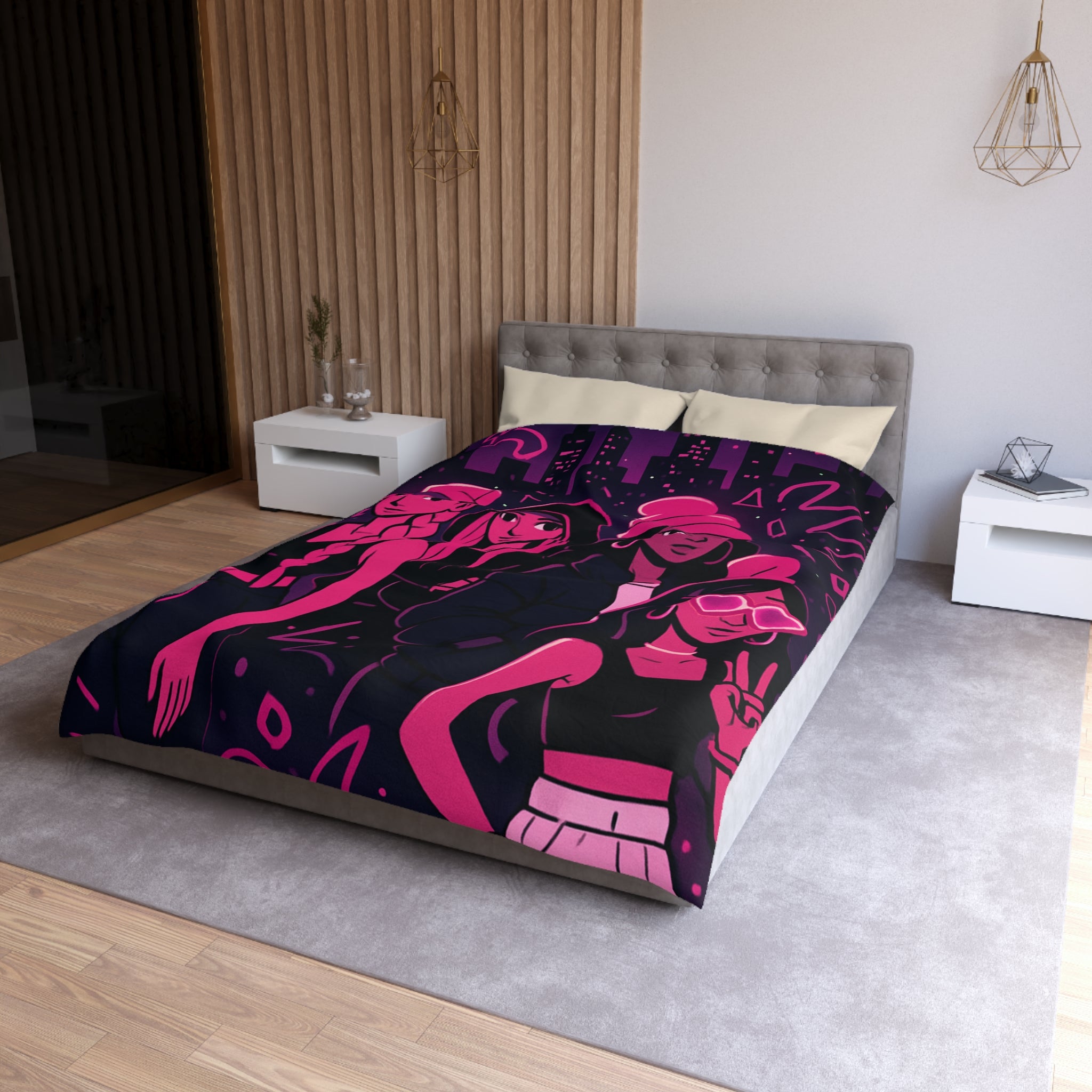 Housse de couette urbaine avec silhouettes féminines et motifs fluorescents nuit étoilée