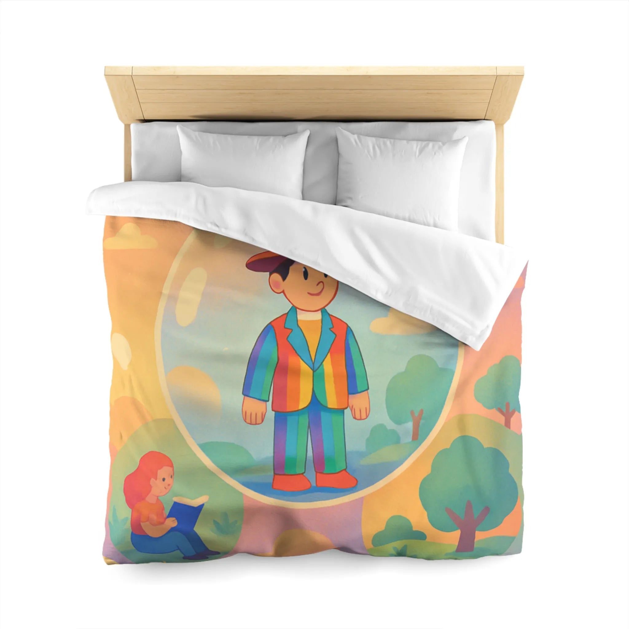 Housse de couette aux motifs rêveurs de personnages dans des bulles colorées et apaisantes