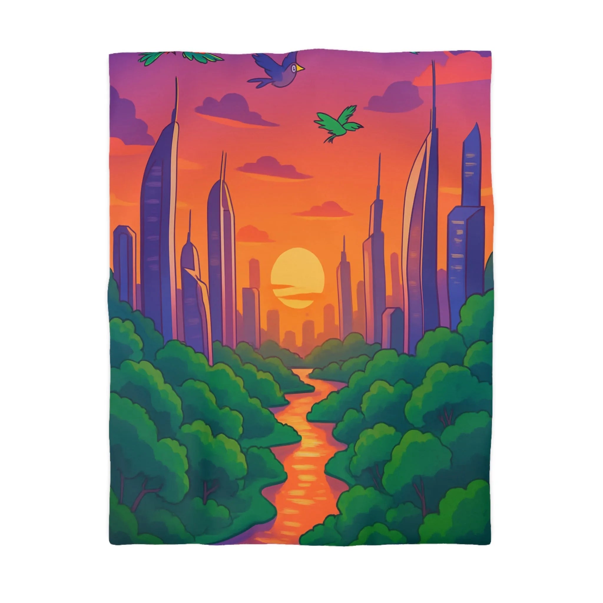 Housse de couette avec illustration urbaine et naturelle au coucher du soleil envoûtant